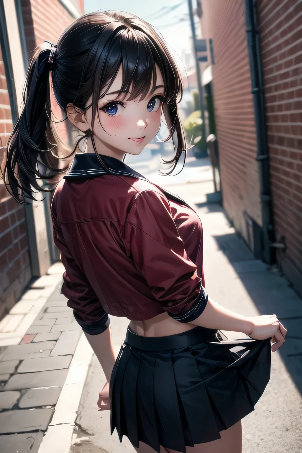 very cute and beautiful girl,(very detailed美しい顔),serafuku,navy blue pleated mini skirt,
skirt lift,(white panties),(smile),blush,looking at the viewer,black hair,low twin tails,
back street,building brick wall,
(highest quality,masterpiece:1.2),disorganized,High resolution,super detailed,very detailed,32K,8K resolution,
intricate details,movie-like scene,detailed background,alone,dynamic angle,
Natural light,hair blowing in the wind,beautiful and detailed sky,