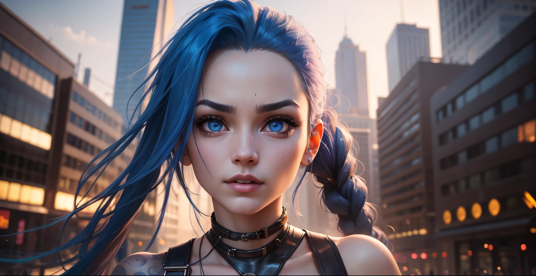 perfect pose, city background, computer wallpaper,Jinx, arcane, crazy, photo,((Best quality)), ((masterpiece)), ((detailed)), (realistic), intricate, 16K, HDR, RTX, super , ultra detailed,realistic shot, high resolution, ultra detailed face, cute eyes, eyes shining, natural light, cinematic light, realistic body, detailed body, detailed eyes, realistic face, masterpiece,medium , high quality, 8k, best quality