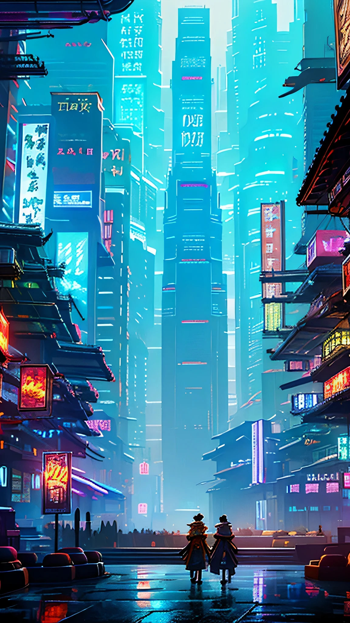 top quality、Masterpiece、Chinese skyscrapers in dystopia、Very complex cityscape、cyberpunk world、pull composition、industrial、high-definition depiction、magical moment、More neon lights maximum light intensity