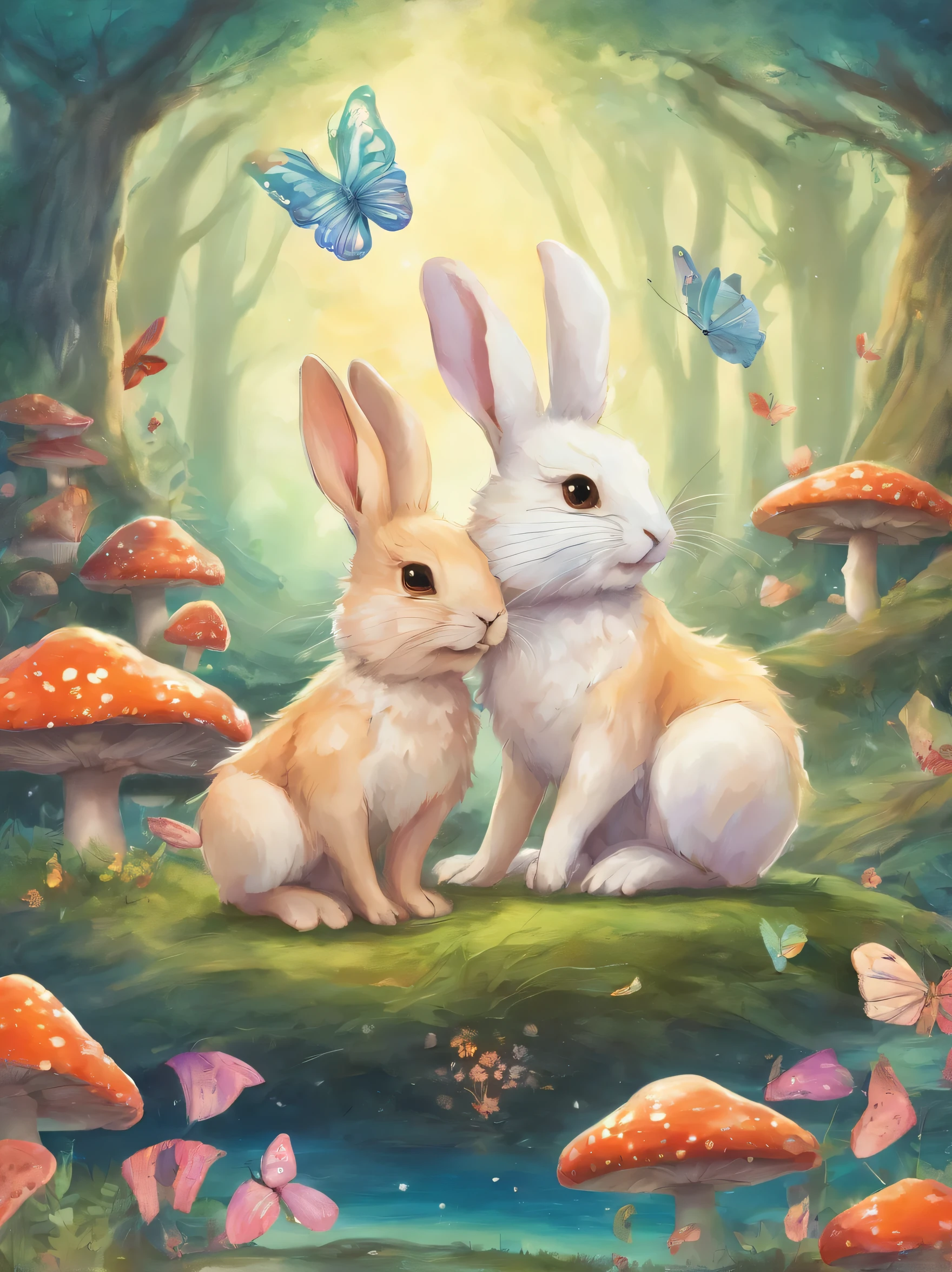 The rabbit crab brothers are whispering in the mushroom forest.、colorful butterflies are flying in the sky、Photo album、fantasy