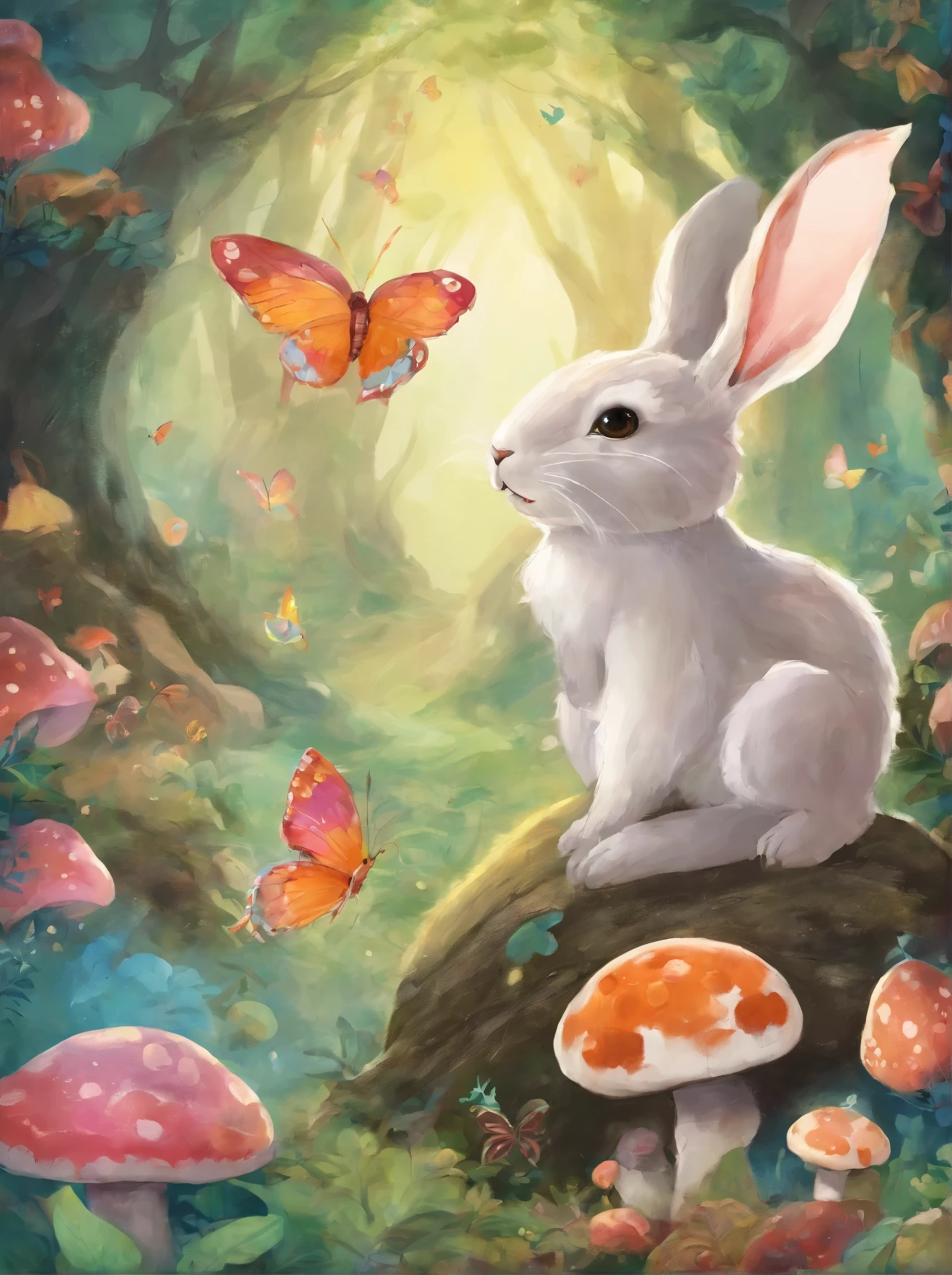 Rabbit crab brothers are whispering in the mushroom forest、colorful butterflies flying in the sky、picture book、fantasy