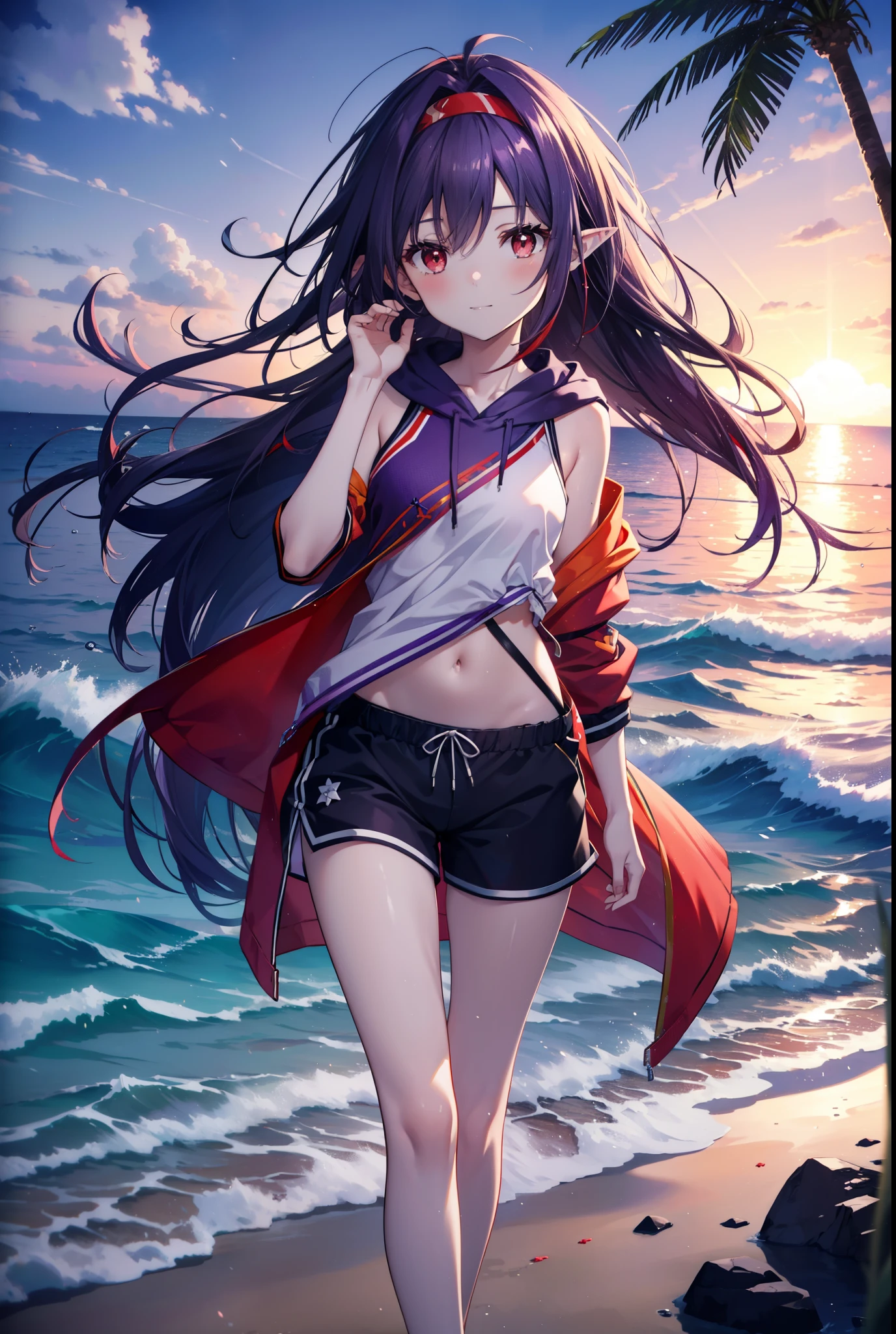 yuukikonno, Yuki Konno, long hair, hair band, pointed ears, purple hair, smile,blush,(red eyes:1.5), (small breasts:1.2), open your mouth,purple sleeveless hoodie,wearing a hood,bare arms,shorts,barefoot,Cute Sandals,Midsummer,Palm tree,daytime,Light of the sun,walking on the sandy beach,
壊す looking at viewer, Upper body, whole body,
break outdoors, coastal street,destroy the beach (masterpiece:1.2), highest quality, High resolution, unity 8k wallpaper, (figure:0.8), (detailed and beautiful eyes:1.6), highly detailed face, perfect lighting, Very detailed CG, (perfect hands, perfect anatomy),