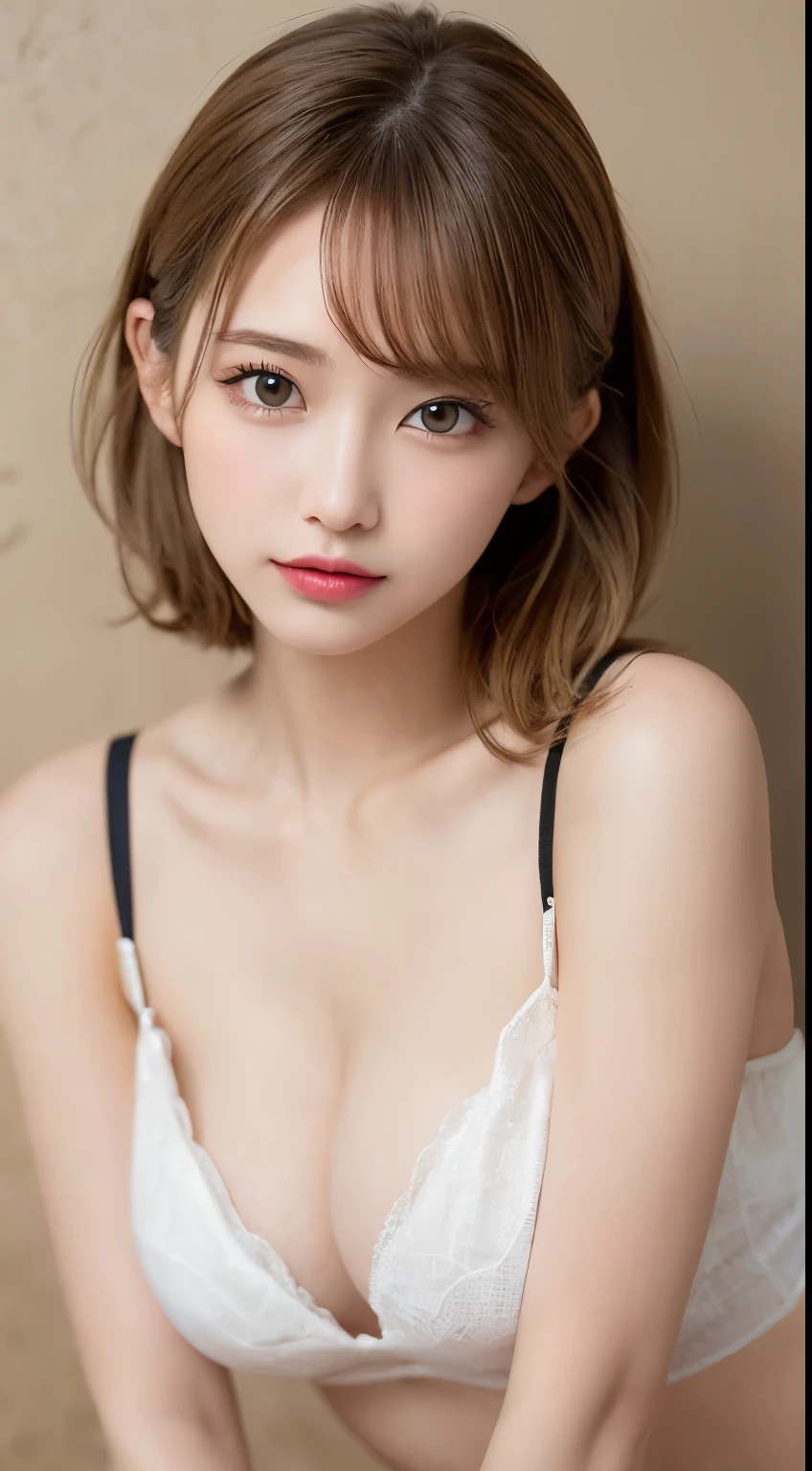 (Dynamic Range、Light for shooting 、 beautiful portraits、 realistic pictures), 1 beautiful girl with pieces 、 Blonde Short Bob、Curly hair、Puff Dresses、shoulder、clavicle、Skinny、Small breasts、Clasp your hands in front of your face、Bedroom at night、Lamplight、Gorgeous bed