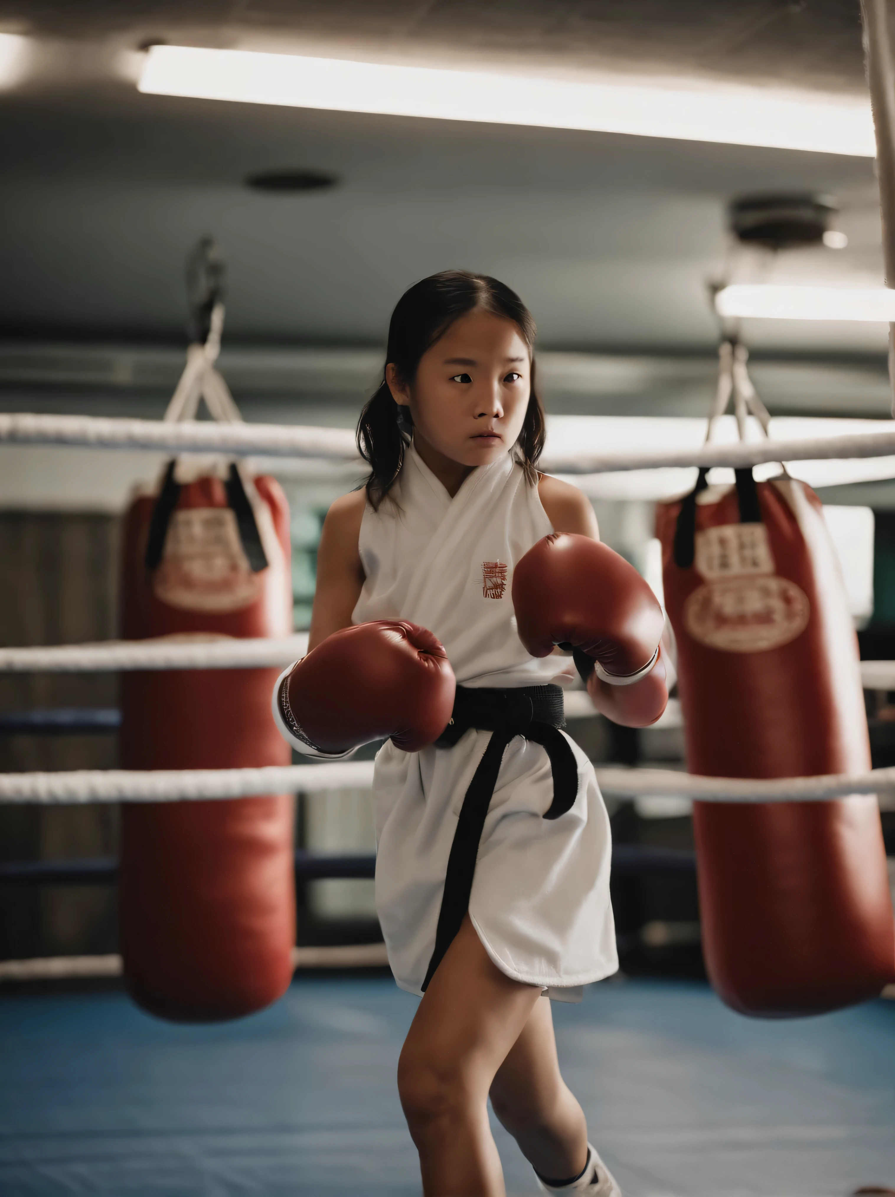 boxing训练馆 there is a young girl wearing a robe and boxing gloves, Leica 8K stills from A24 negatives, in fighting stance, in a boxing ring, Lovely but firm, Or is it from real people?, boxing stance, Work. author:Leng Jun, boxing, Get into fighting stance, she is ready to fight, child, Nam Jae Hwa