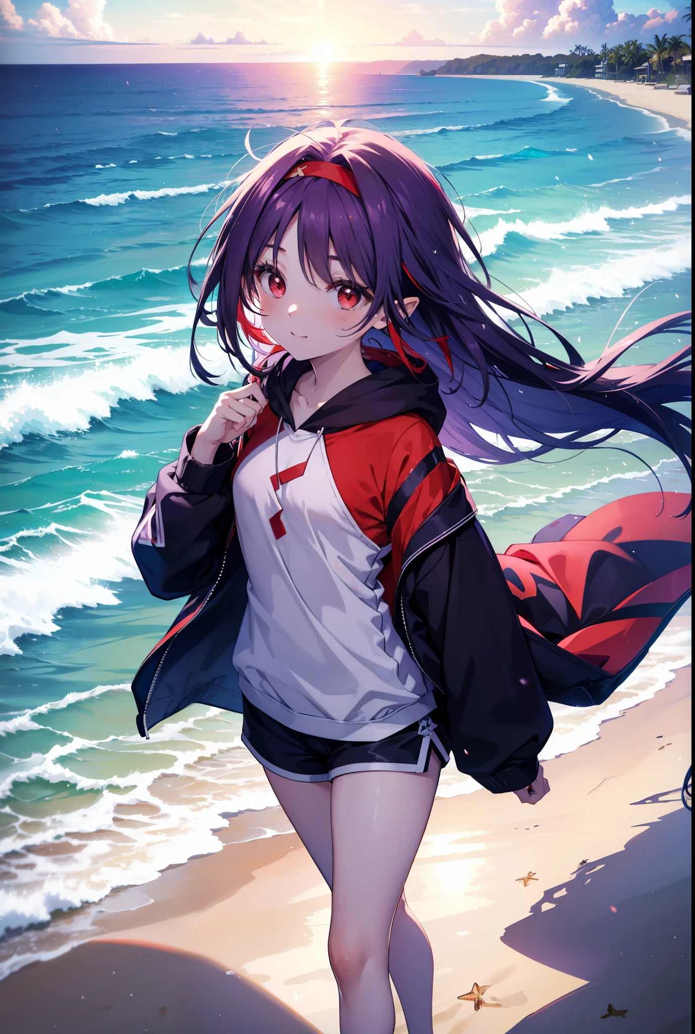 yuukikonno, Yuki Konno, long hair, hair band, pointed ears, purple hair, smile,blush,(red eyes:1.5), (small breasts:1.2), open your mouth,purple hoodie,wearing a hood,bare arms,shorts,barefoot,Cute Sandals,Midsummer,Palm tree,daytime,Light of the sun,walking on the sandy beach,
壊す looking at viewer, Upper body, whole body,
break outdoors, coastal street,destroy the beach (masterpiece:1.2), highest quality, High resolution, unity 8k wallpaper, (figure:0.8), (detailed and beautiful eyes:1.6), highly detailed face, perfect lighting, Very detailed CG, (perfect hands, perfect anatomy),