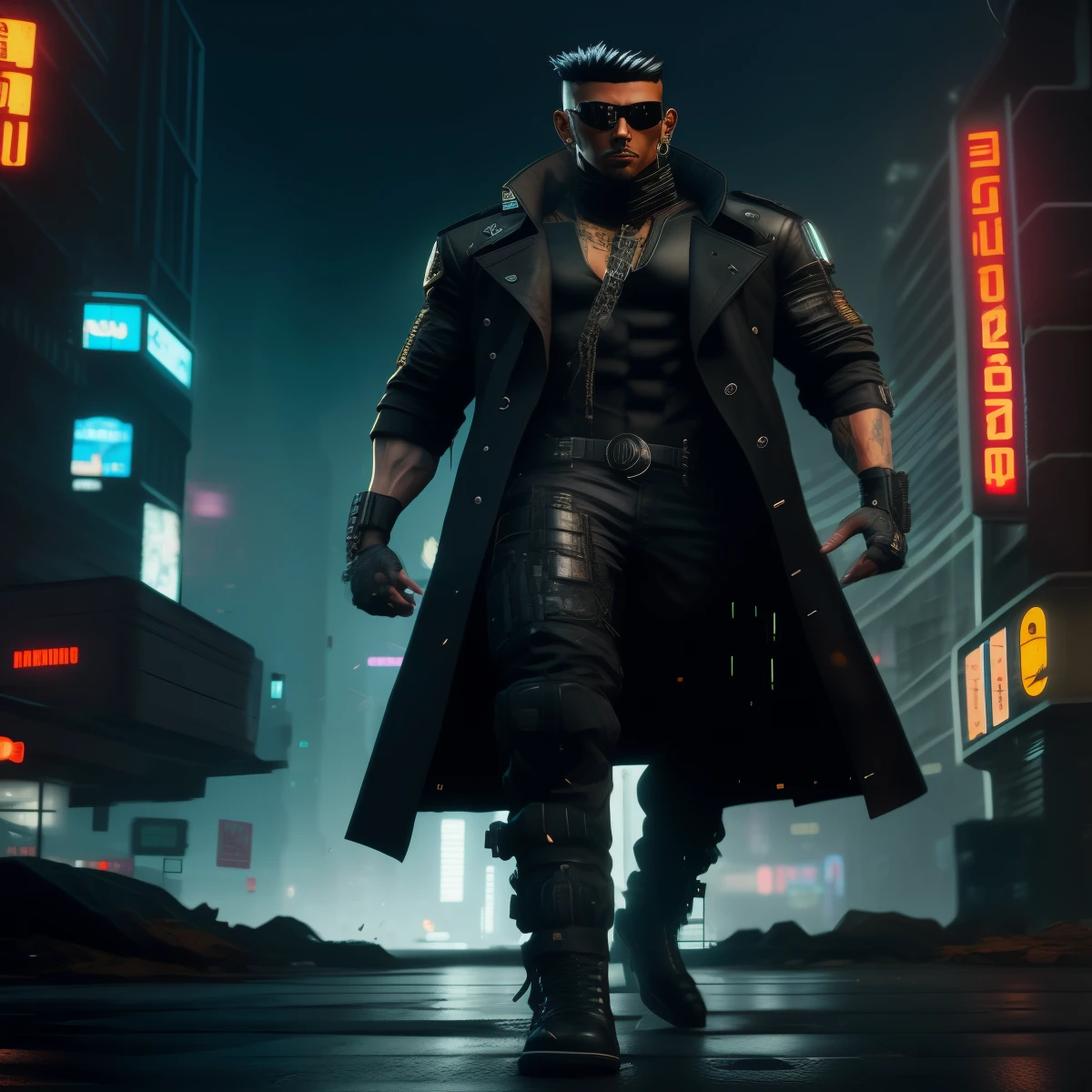 a close up of a person in a trench coat walking on a city street, cyberpunk 8 k, cyberpunk character, cyberpunk hero, has cyberpunk style, in cyberpunk city, muscular! cyberpunk, cyberpunk street goon, style of cyberpunk 2 0 7 7, cyberpunk noir, cyberpunk art ultrarealistic 8k, cyberpunk character art, style of cyberpunk, cyberpunk dude, cyberpunk outfits