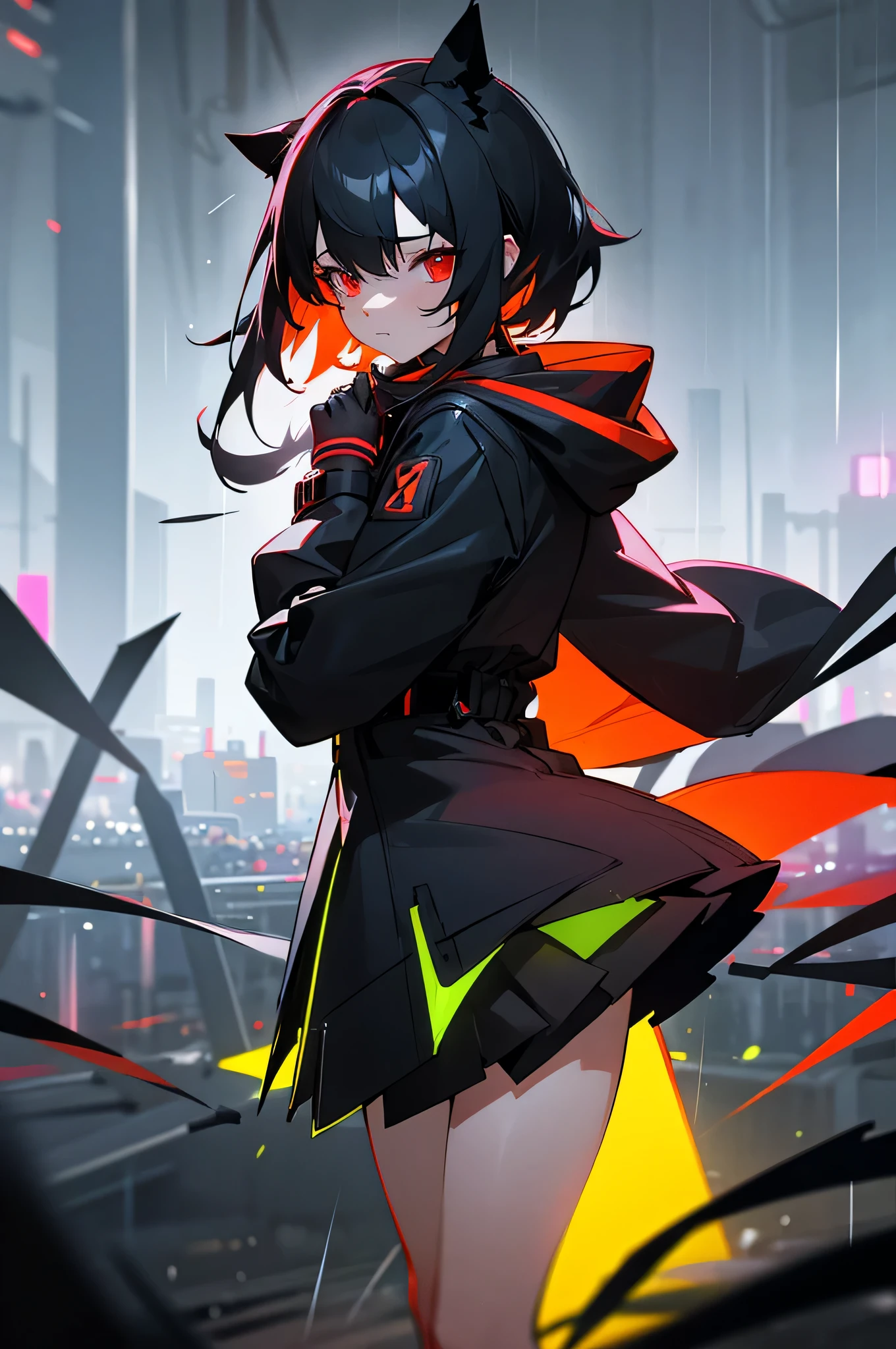 1girl,Black hoodie,Short skirt, neon,mesh stockings, headless gloves,night city,rain,coat,Red eyes,Surrounding red and black and white and yellow and blue power effect, human,