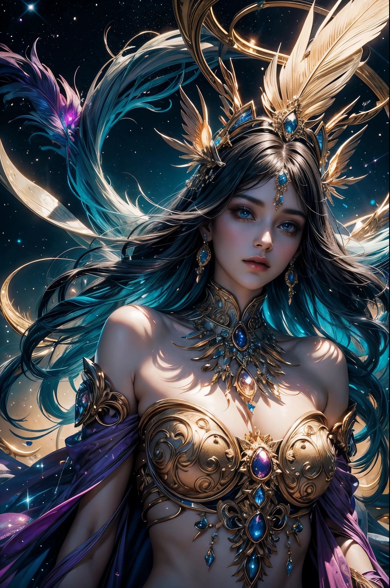 A captivatingly peculiar celestial entity with feather-like appendages, its radiant plumage reflecting an array of cosmic hues, from vivid violet to sparkling gold. This interstellar being's elongated, graceful neck and delicate features evoke an aura of regality, as it poses majestically in a high fashion portrait. The exquisite composition, accentuated by masterful lighting and intricate detailing, encapsulates the essence of its celestial charm, beckoning viewers into its mystical realm.