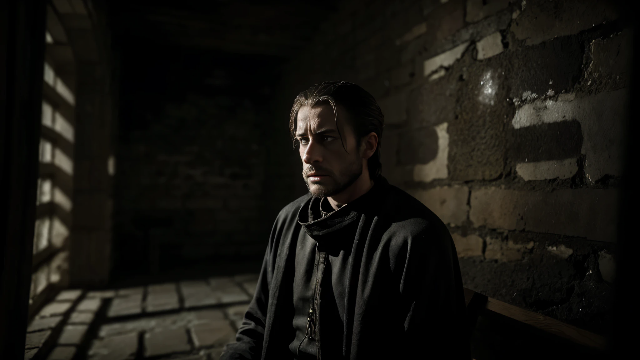 Create a photorealistic, 32K Resolution, high quality, realism, and high detail image depicting King Henry III imprisoned. Show him in a dimly lit cell, sitting or standing with a solemn expression, perhaps with his hands resting on the cold stone walls or clasped in front of him. Emphasize the sense of confinement and isolation by surrounding him with the stark and unforgiving environment of the prison. Utilize dynamic lighting and composition to convey the emotional weight of his captivity, capturing the loneliness and despair of a monarch stripped of his freedom.