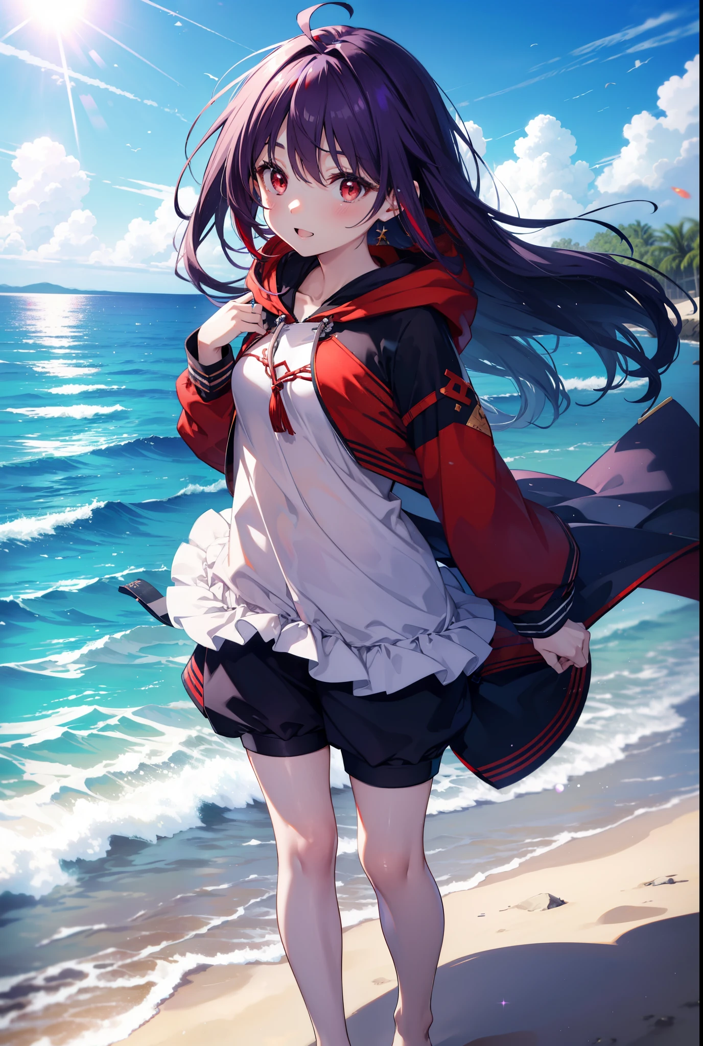 yuukikonno, Yuki Konno, long hair, hair band, pointed ears, purple hair, smile,blush,(red eyes:1.5), (small breasts:1.2), open your mouth,purple hoodie　No sleeve,wearing a hood,bare arms,shorts,barefoot,Cute Sandals,Midsummer,Palm tree,daytime,Light of the sun,walking on the sandy beach,
壊す looking at viewer, Upper body, whole body,
break outdoors, coastal street,destroy the beach (masterpiece:1.2), highest quality, High resolution, unity 8k wallpaper, (figure:0.8), (detailed and beautiful eyes:1.6), highly detailed face, perfect lighting, Very detailed CG, (perfect hands, perfect anatomy),