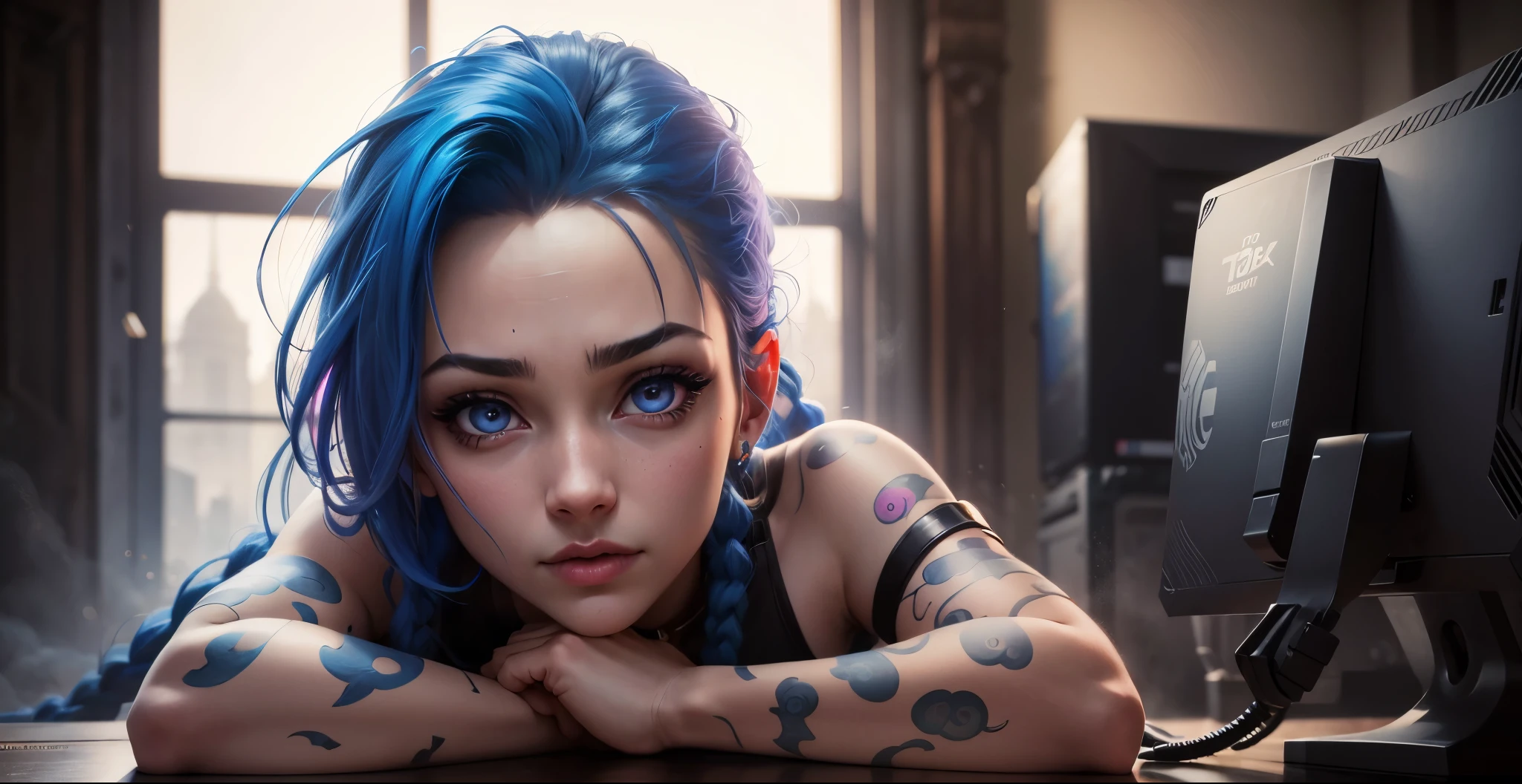 full body,perfect pose, battlefield background, computer wallpaper,Jinx, arcane, crazy, photo,((Best quality)), ((masterpiece)), ((detailed)), (realistic), intricate, 16K, HDR, RTX, super , ultra detailed,realistic shot, high resolution, ultra detailed face, cute eyes, eyes shining, natural light, cinematic light, realistic body, detailed body, detailed eyes, realistic face, masterpiece,medium , high quality, 8k, best quality