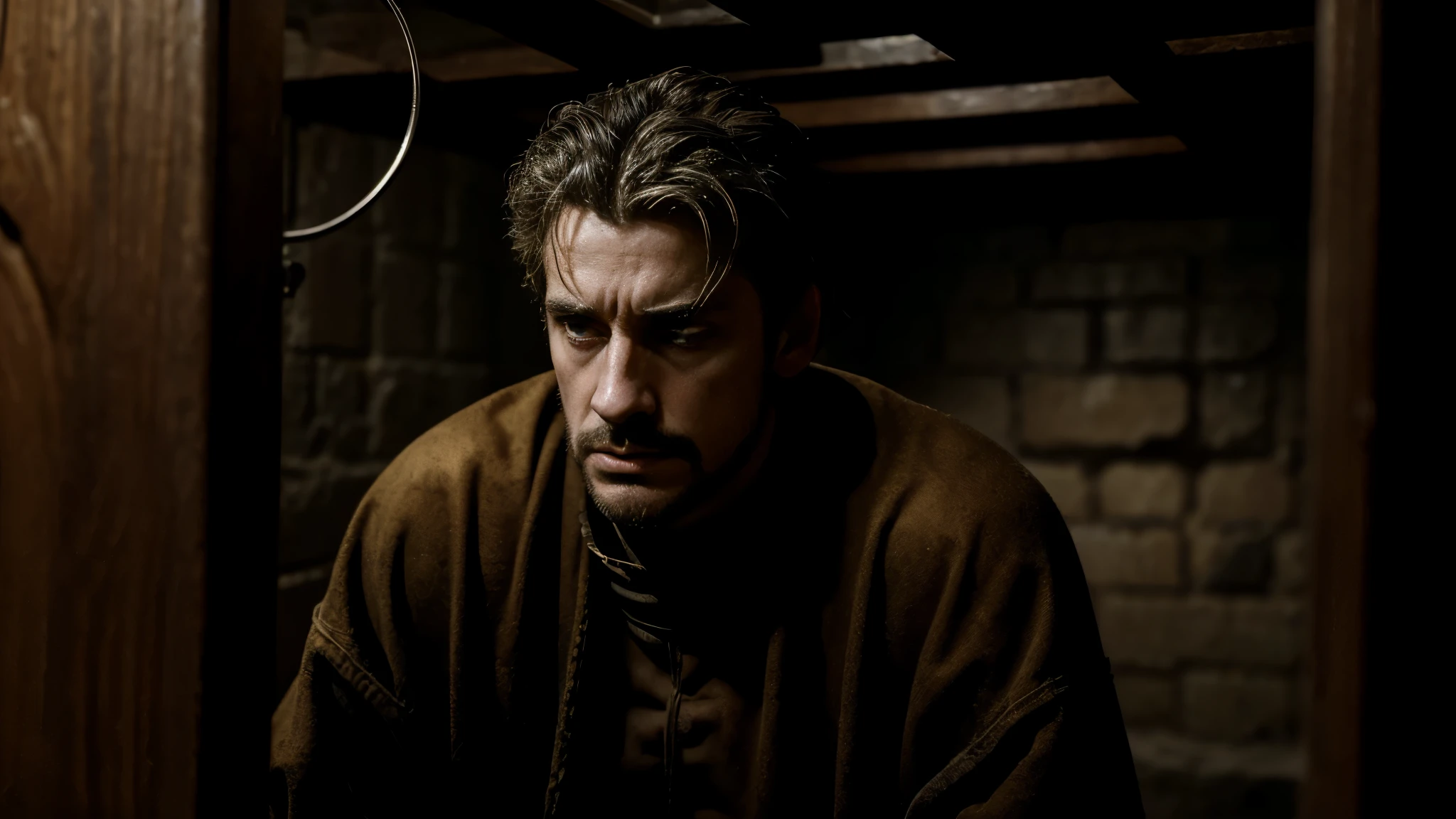 Create a photorealistic, 32K Resolution, high quality, realism, and high detail image depicting King Henry III imprisoned. Show him in a dimly lit cell, sitting or standing with a solemn expression, perhaps with his hands resting on the cold stone walls or clasped in front of him. Emphasize the sense of confinement and isolation by surrounding him with the stark and unforgiving environment of the prison. Utilize dynamic lighting and composition to convey the emotional weight of his captivity, capturing the loneliness and despair of a monarch stripped of his freedom.