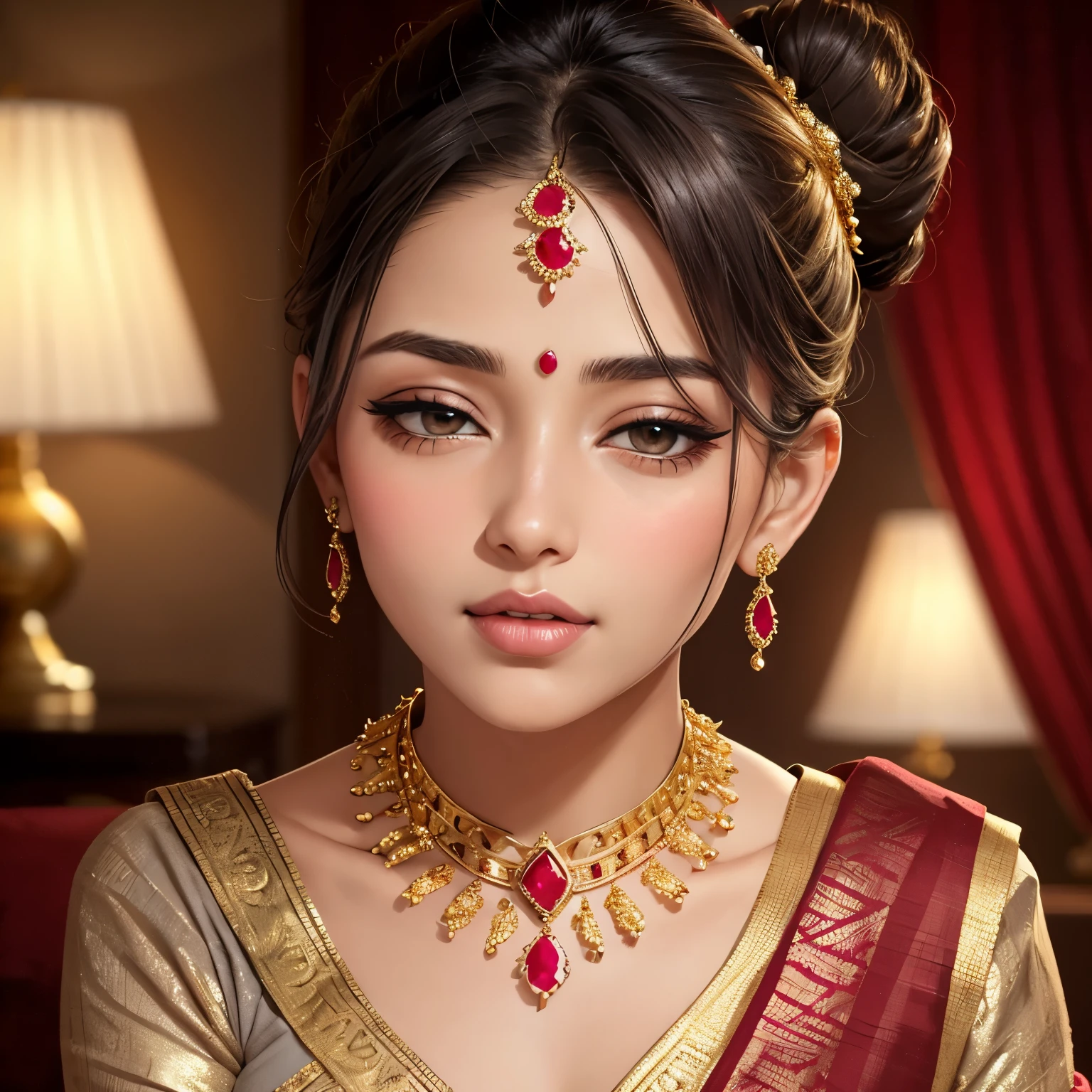 (best quality, 4k, 8k, highres, masterpiece:1.2), ultra-detailed, realistic:1.37, professional, stunning red saree, beautiful face and eyes, luscious long hair, graceful pose, vibrant colors, portrait, Indian beauty, detailed fabric folds, alluring expression, soft and natural lighting, rich textures, intricate jewelry, mesmerizing gaze, captivating smile, flawless skin, elegant makeup, confident and empowering, traditional yet modern, exuding charm and glamour.