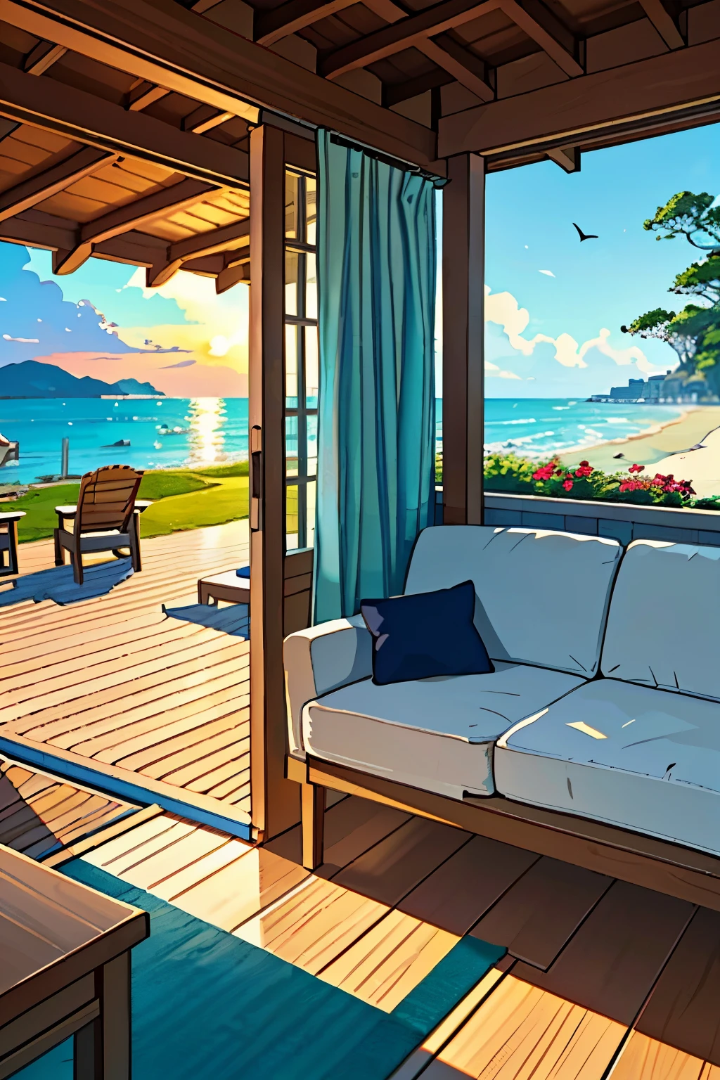 Live in a beach house: Cozy and inviting, a charming abode nestled right by the sandy shores. A gentle sea breeze flows through the open windows, carrying the salty scent of the ocean. The sunlight filters in, casting warm and soft shadows on the wood-paneled walls. The living room is adorned with a plush couch, facing the large glass doors that frame the breathtaking view of the azure sea. A golden sun begins to set, casting a warm glow over the room and the sandy beach outside. A small seaside garden graces the front yard, with colorful flowers and lush greenery adding to the idyllic scene. A hammock hangs
