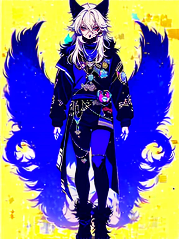 solo, 1boy,「white hair,cerulean blue」long hair,  {{nighthawk mask}},  There&#39;s a man wearing a costume, {fox tail,} {one wing of a crow} Farson!!!!, furry Farson, furry characters, furry anime, Farson, furry paws furry, Furry shots, there is nothing, very hairy, furry artist, upright, [[[Anthropomorphic Nue]]] virtual youtuber, full body