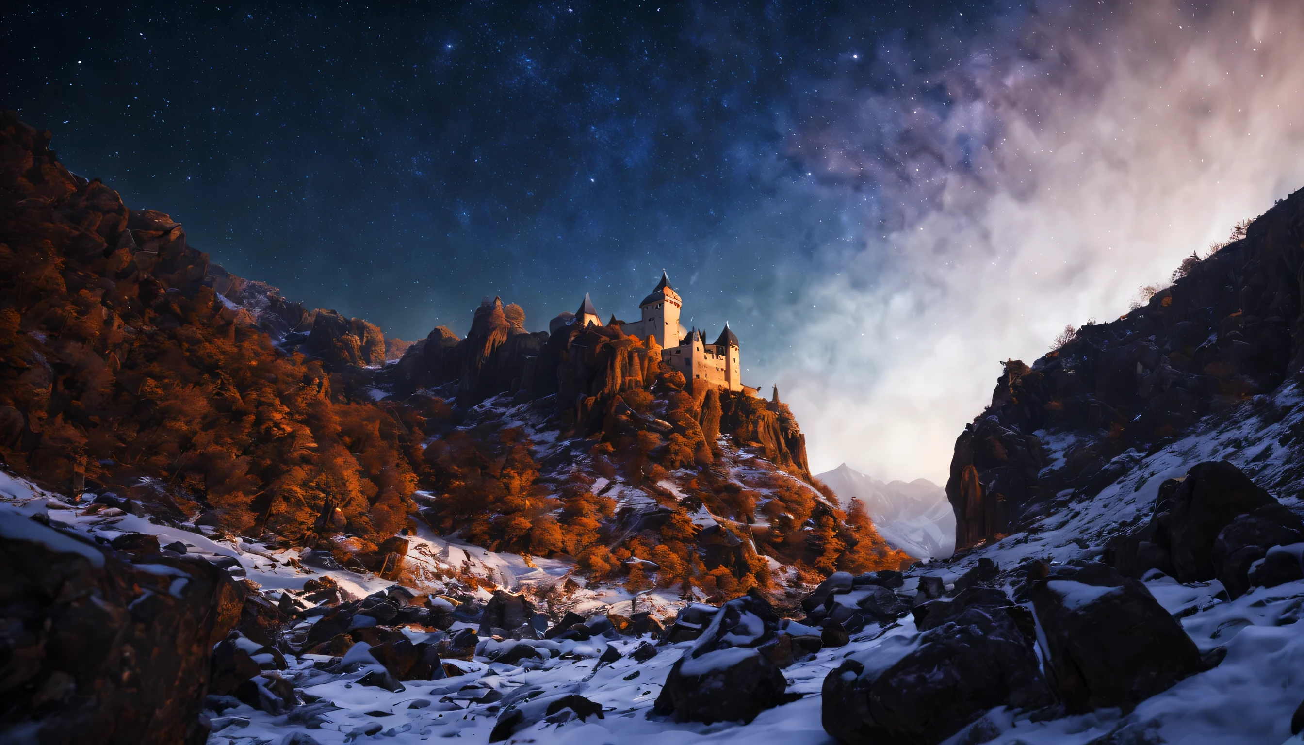 Vast Landscape Photo atumn (view from bottom, which shows the sky overhead and the rocks), Fortress at the top, (Shooting stars: 0,9), (nebula: 1,3), High Lonely Mountain warm lights in castle,(Cold light source:1.2), Lonely Mountain, Snow-capped mountains, voluminous lighting, реализм BREAK (tmasterpiece:1.2), (beste-Qualit), 4k, Ultra-detailed, (Dynamic composition: 1.4), Detailed, colorful details, (White color scheme: 1.2), (Glowing Lighting, Ambiance Lighting), dreamy, elvish, (solo: 1.2) chest whit coins in cave