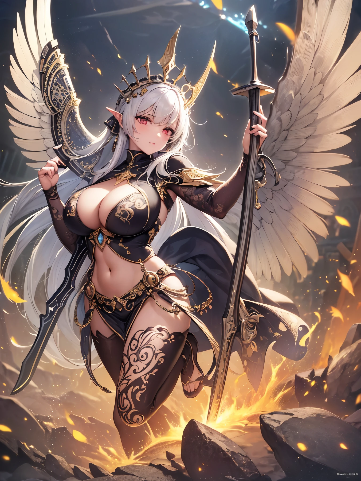 ((highest quality)),(ultra high resolution),(Super detailed),(detailed description),((best CG)),(best work of art),super precision art,amazing drawing art,(Fantasy art with precise details:1.5), (1 woman:1.8),(A detailed carved ax:1.7), angel swinging a big ax,