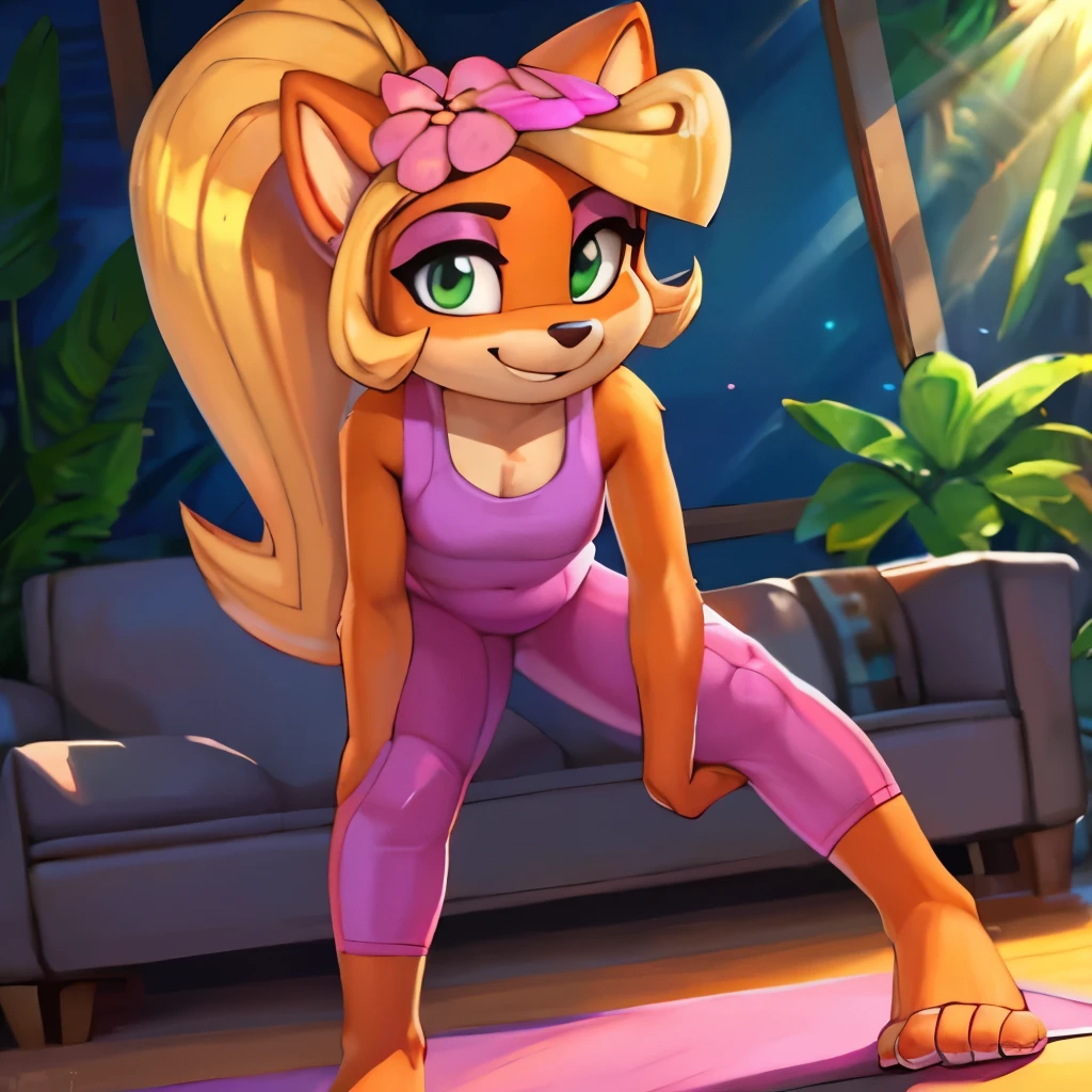 [Coco bandicoot], [Uploaded to e621.net; (Pixelsketcher), (wamudrawasterpiece)), ((high quality)), ((HD)), ((solo portrait)), ((full body)), ((front view)), ((furry; anthro)), ((detailed fur)), ((detailed shading)), ((beautiful render art)), ((front view)), ((feet visible)), ((intricate details)), {anthro; orange fur, black nose, (cute green eyes), (short eyelashes), (pink eyeshadow), (cute smile), blonde curly hair, curly ponytail, (beautiful feet)}, {(white tank top pink lining), (small ), (tight pink spandex yoga pants), (pink flower on head)}, {(standing), (bending over), (looking at viewer)}, [background; (tropical forest), (living room), (yoga mat), (sun rays), (pink smartphone)]