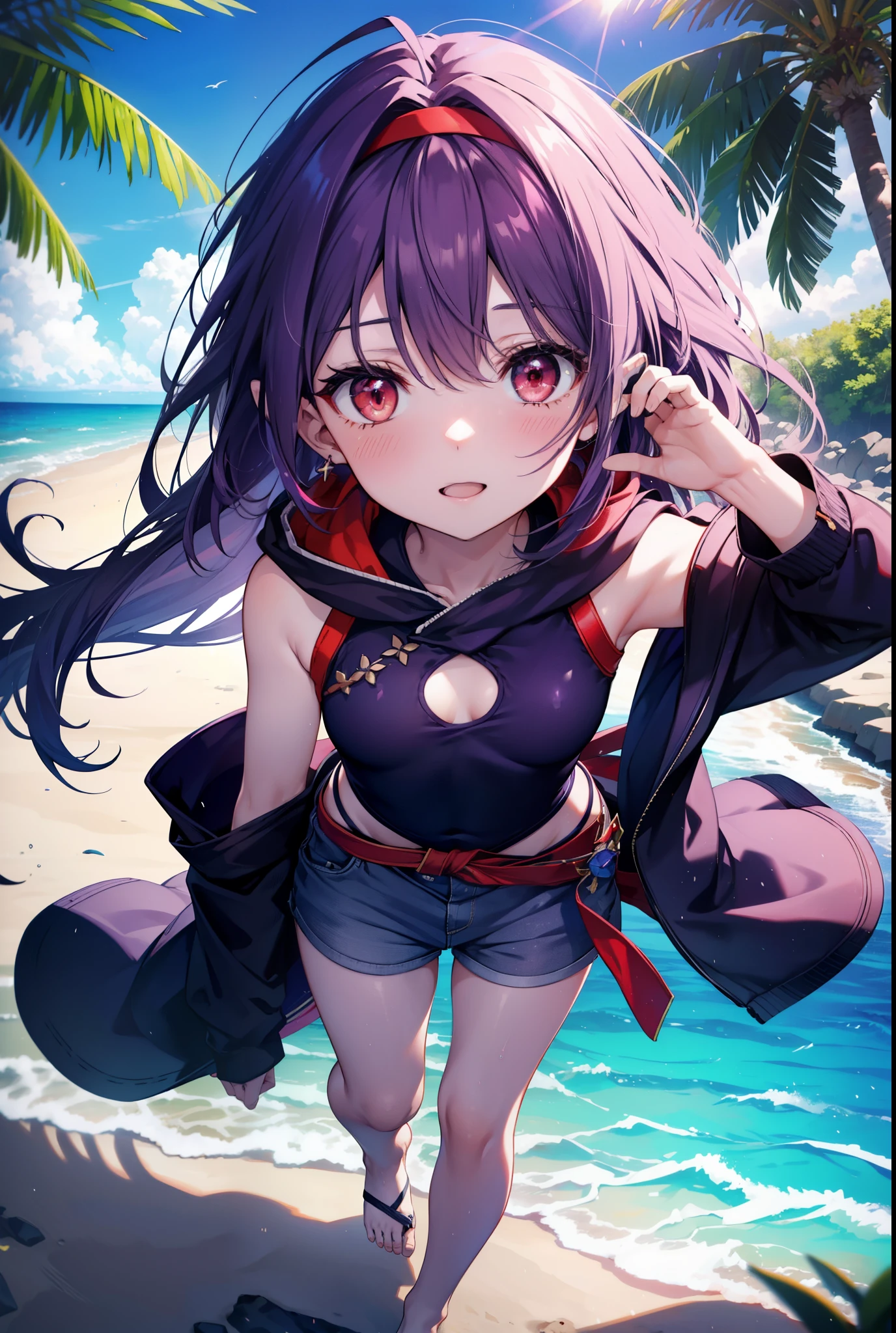 yuukikonno, Yuki Konno, long hair, hair band, pointed ears, purple hair, smile,blush,(red eyes:1.5), (small breasts:1.2), open your mouth,purple sleeveless hoodie,髪をフードの中に入れてwearing a hood,bare arms,,wearing a hood,shorts,barefoot,Cute Sandals,Midsummer,Palm tree,daytime,Light of the sun,walking on the sandy beach,
壊す looking at viewer, Upper body, whole body,
break outdoors, coastal street,destroy the beach (masterpiece:1.2), highest quality, High resolution, unity 8k wallpaper, (figure:0.8), (detailed and beautiful eyes:1.6), highly detailed face, perfect lighting, Very detailed CG, (perfect hands, perfect anatomy),