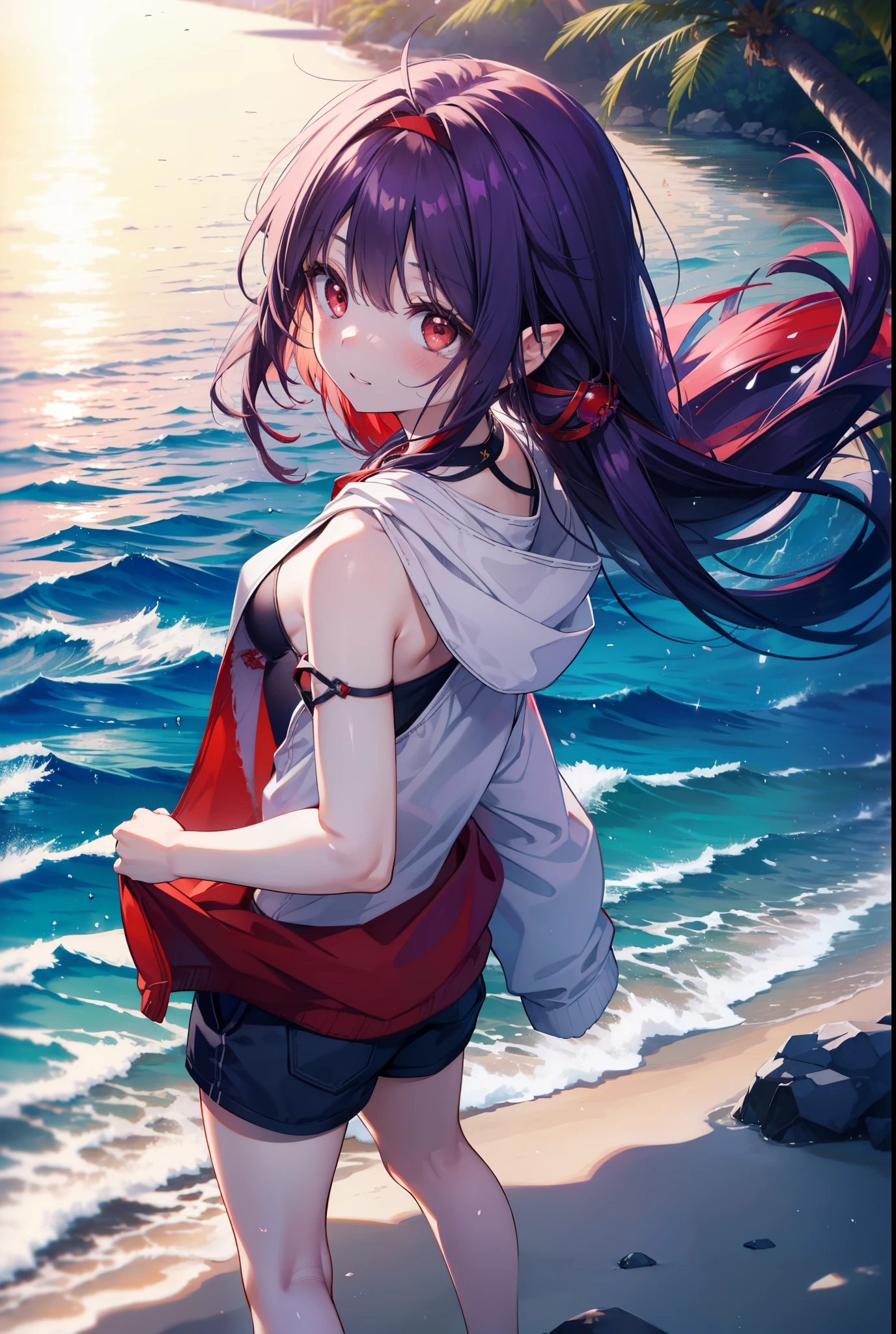 yuukikonno, Yuki Konno, long hair, hair band, pointed ears, purple hair, smile,blush,(red eyes:1.5), (small breasts:1.2), open your mouth,purple sleeveless hoodie,wearing a hood,bare arms,shorts,barefoot,Cute Sandals,Midsummer,Palm tree,daytime,Light of the sun,walking on the sandy beach,
壊す looking at viewer, Upper body, whole body,
break outdoors, coastal street,destroy the beach (masterpiece:1.2), highest quality, High resolution, unity 8k wallpaper, (figure:0.8), (detailed and beautiful eyes:1.6), highly detailed face, perfect lighting, Very detailed CG, (perfect hands, perfect anatomy),