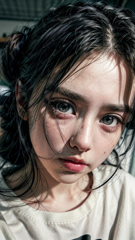 1girl wearing t-shirt in rainy day, hatband black hair, hair bobbles, wince, longeyelashes, solid circle eyes, pov, atmospheric perspective, 8k, super detail, ccurate, best quality, high quality, retina, UHD, masterpiece, ccurate, anatomically correct, 4K, 16k, 1080P, HD, highres