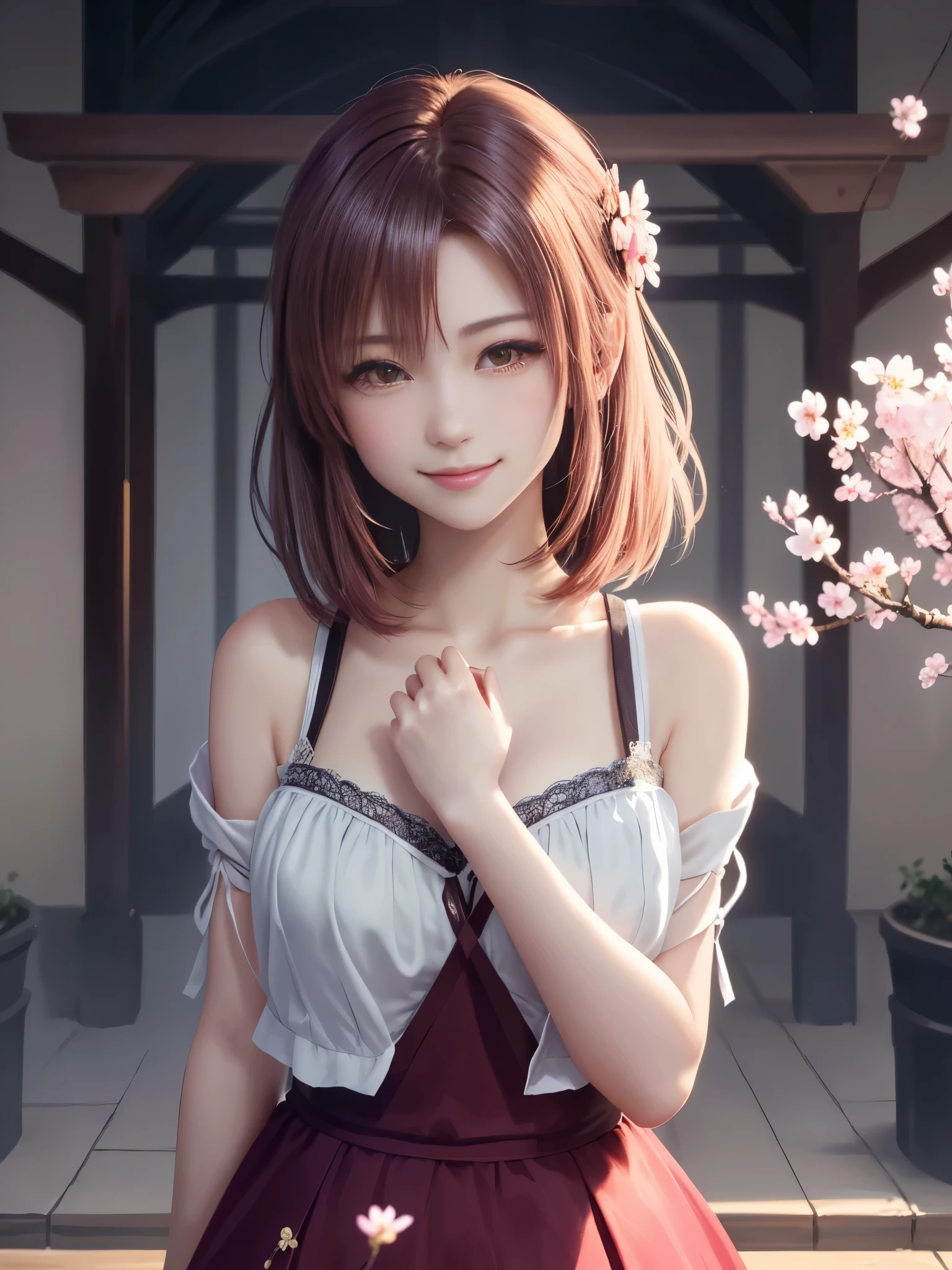 masterpiece , best quality,smile,smile,small face,shoulder exposure,cleavage exposure,light pink hair,slender body shape,brown eyes,sharp contrast,short hair,Beautiful short hair,Berry Short,short cut hair,just one person,precision quality,Faithfully reproduced eyes, 一面に咲くcherry blossom background,snow scene,masterpiece, 幻想的なcherry blossom background,night,nightの背景,cherry blossom background,beautiful details, colorful, delicate details, delicate lips, intricate details, genuine, ultrargenuineista, 枝に座っている色とりどりの髪のFoxを持つ女の子:Mature, bright eyes, ,色とりどりのFox, raposa de nine tails, 三尾Fox, 三尾Fox, onmyoji detail art, beautiful fine art illustration, mythical creatures, Fox, beautiful digital art,shrine maiden,hold hands,exquisite digital illustration, mizutsune, Inspired by mythical wild web creatures, pixiv in digital art, shining light, high contrast, Mysterious,