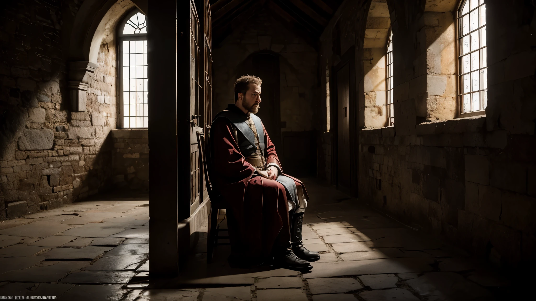 Create a photorealistic, 32K Resolution, high quality, realism, and high detail image depicting King Henry III imprisoned. Show him in a dimly lit cell, sitting or standing with a solemn expression, perhaps with his hands resting on the cold stone walls or clasped in front of him. Emphasize the sense of confinement and isolation by surrounding him with the stark and unforgiving environment of the prison. Utilize dynamic lighting and composition to convey the emotional weight of his captivity, capturing the loneliness and despair of a monarch stripped of his freedom.