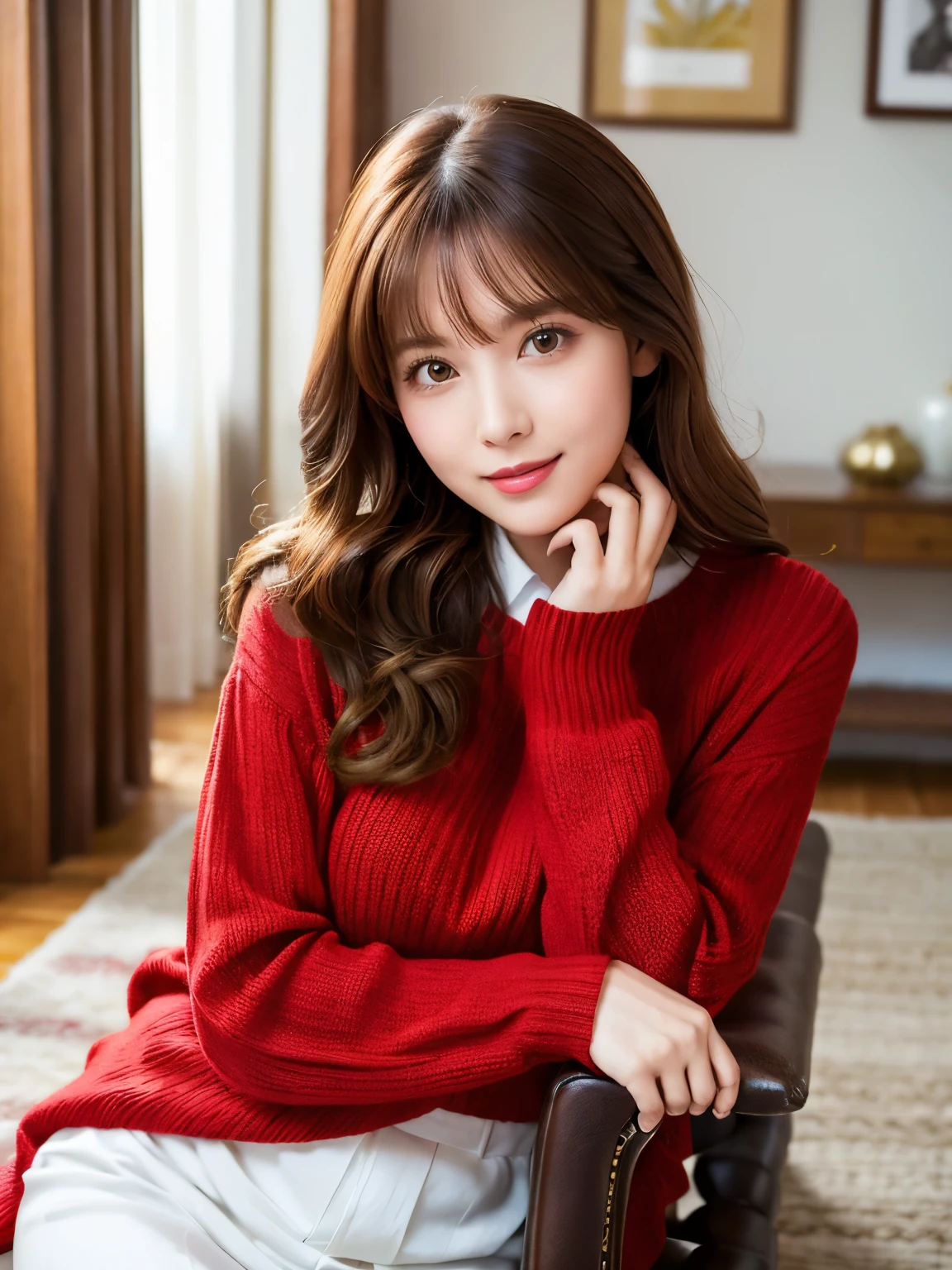 (highest quality、table top、8K、best image quality、Award-winning work)、one beautiful woman、(bright red long knit:1.2)、(Precise and perfect red long knit:1.2)、(red long knit:1.2)、Shining beautiful skin、Fair-skinned super high detail skin、(accurate anatomy:1.2)、The most classy apartment living room、The most classy living room interior、A gentle smile looking at me、(close up of a woman:1.2)、Standing gracefully、(stand gracefully:1.1)、Very bright and clean、(blurred background:1.1)、photo portrait、(low contrast:1.1)、(Draws softly and smoothly:1.1)、very romantic、very grumpy、very bright、(very bright and refreshing:1.1)、Refreshing colors of youth、illuminated white skin、(The most natural and practical real furniture arrangement:1.1)、(The most classy apartment living roomに立つ:1.1)、very bright and vivid、(Real Yua Mikami&#39;face:1.1)、(Highly detailed Real Yua Mikami&#39;face:1.1)、(Yua Mikami&#39;Perfect face drawn in every detail:1.1)、no makeup