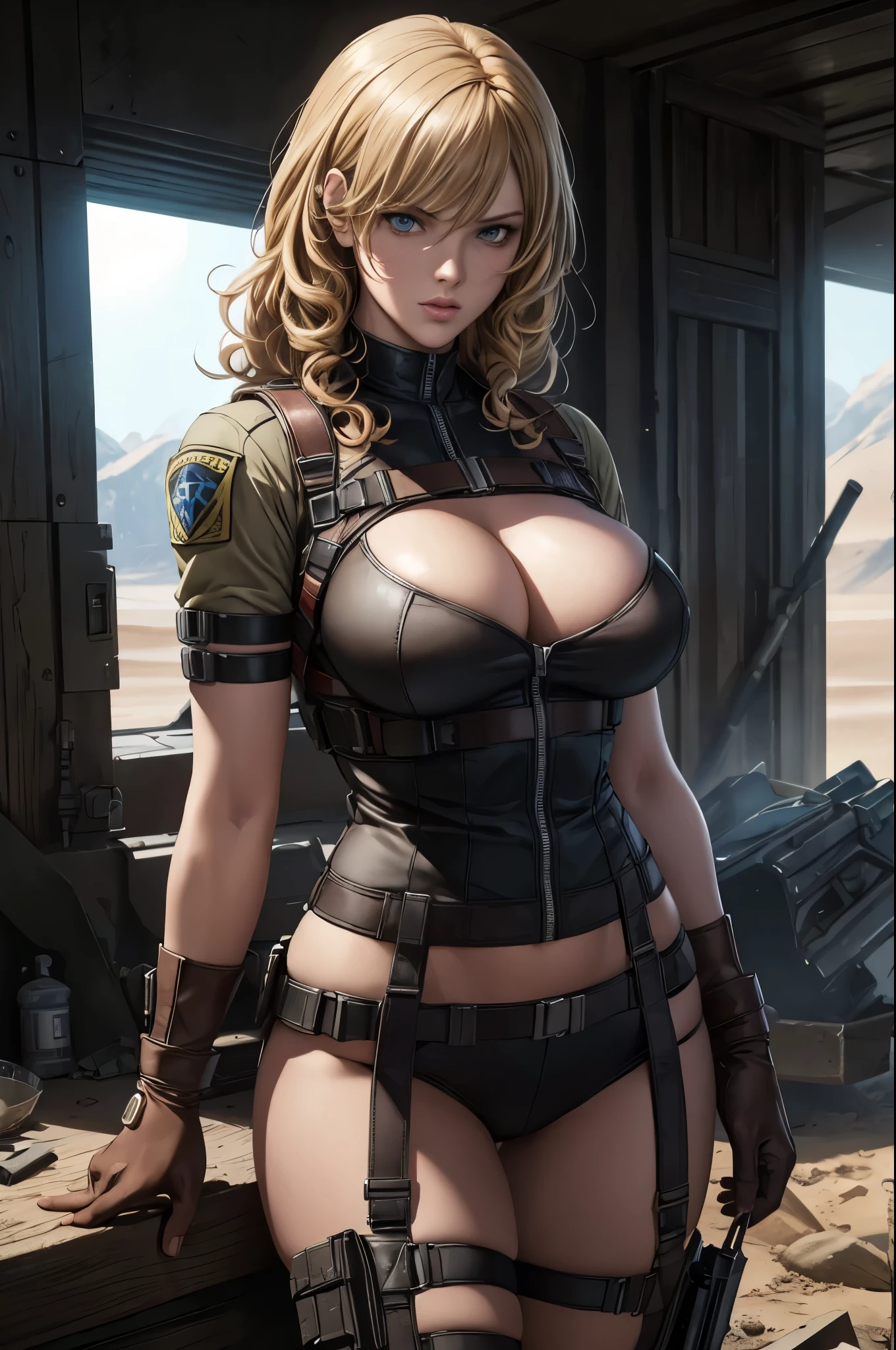 super fine illustration, ultra high resolution, masterpiece, highest quality, perfect dark skin, perfect lighting, detailed lighting, dramatic shadow, ray tracing, 1 beautiful white milf, looking at the viewer, small breasts,  exposed cleavage, beautiful detailed hazel eyes, sharp face, clear eyes, long bang, ((medium curly blond hair:1.2)), ((post-apocalyptic fiction)), ((desert:1.2)), Upper body, battle suit, military harness, Alice Abernathy - Resident Evil Series, Milla Jovovich,