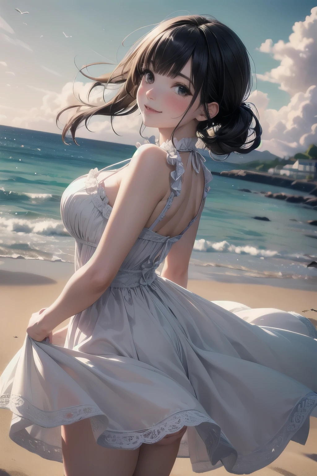 very cute and beautiful girl,frilled white summer dress with detailed lace,(highly detailed beautiful face), (smile),blush,black hair,low twintails,looking at viewer,cowboy shot,(skirt lift,white panties), beach,wooden floating cottage, (best quality,masterpiece:1.2),absurdres,highres,ultra-detailed,extremely detailed,32k,8k resolution, intricate details,cinematic scene,detailed background,solo,dynamic angle, hair fluttering in the wind,beautiful detailed sky,