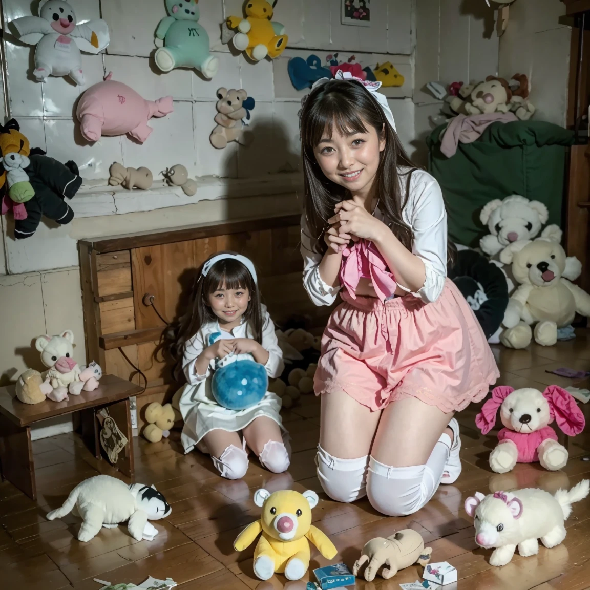 Highest image quality、highest quality、highest resolution、masterpiece、shot at low angle、full body shot、hair ornaments、((A beautiful and cute 42-year-old woman and a cute 10-year-old 4th grade girl、Parents and children:1.5))、brown long hair、(I love toys, dolls, and stuffed animals.:1.5)、smile、（Pink polka dot frilly underwear:1.5）、（Have toys, dolls, or stuffed animals:1.5）、(lean body:1.2)、(:1.2)、wearing slippers、old dilapidated and rotten wooden house、(Lots of toys, dolls, and stuffed animals are scattered on the floor.:1.5)、(There are many illustrations of her on the wall.:1.5)、