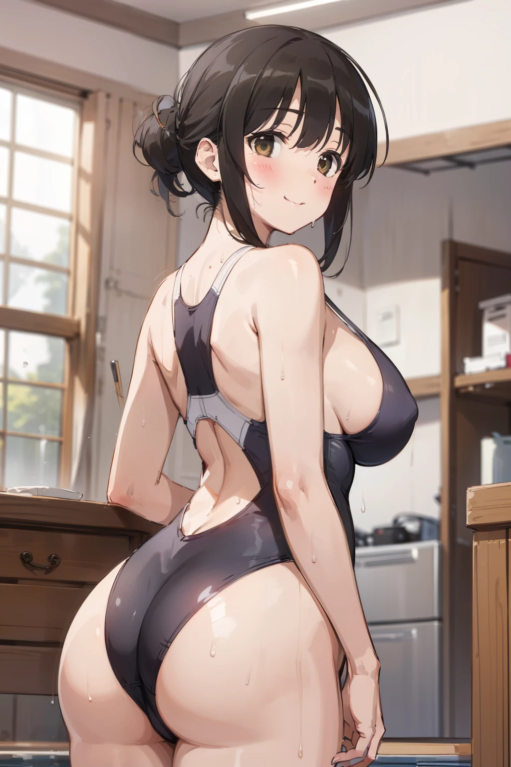 ((masterpiece)), ((best quality)), (ultra-detailed), ((extremely detailed)), 4K, (8K), best quality,, ((perfect anatomy)), five fingers, ((((beautiful detailed eyes)))), (((world-class quality))), (photorealistic), extremely detailed, high resolution, (detailed shaded pretty face), (((house wife))), solo, (((sagging breasts))), (((wearing competition_swimsuit))), glowing detailed skin and hair, white-skinned, (((glistening skin))), kasumi iwato, curvy, baby face, (half updo), smile, blush, huge ass , perspired, thick thighs, wet