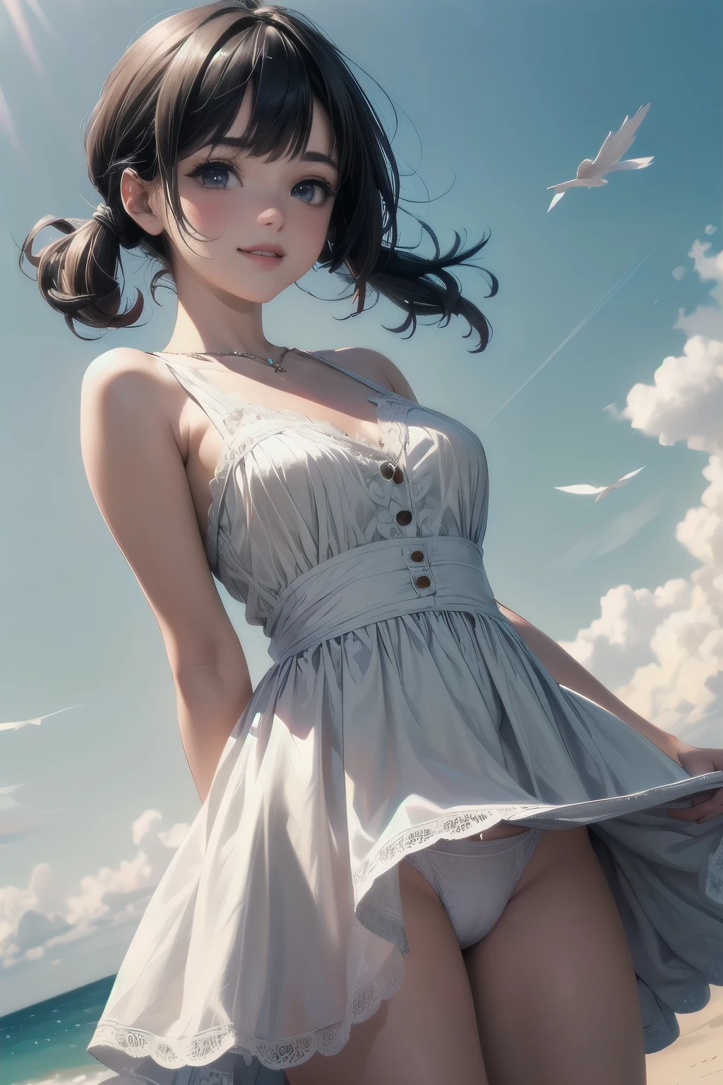 very cute and beautiful girl,frilled white summer dress with detailed lace,(highly detailed beautiful face), (smile),blush,black hair,low twintails,looking at viewer,cowboy shot,(skirt lift,white panties), beach,wooden floating cottage, (best quality,masterpiece:1.2),absurdres,highres,ultra-detailed,extremely detailed,32k,8k resolution, intricate details,cinematic scene,detailed background,solo,dynamic angle, hair fluttering in the wind,beautiful detailed sky,