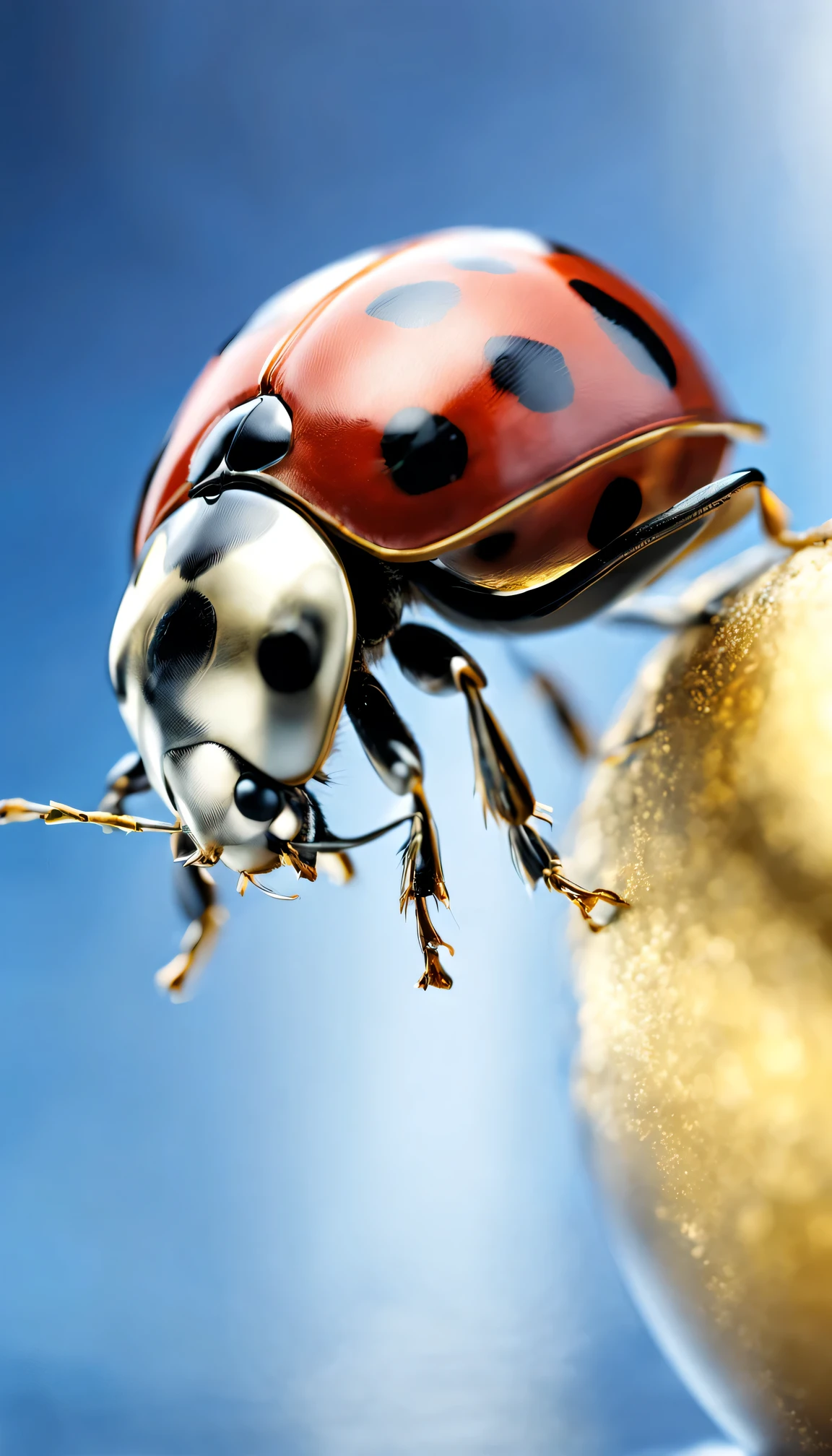 Detailed shot of a realistic ladybug,  Made of highly polished platinum, platinum and gold, blue sky background、blue background、, With golden ratio composition, 16k, Hmm、masterpiece、light reflection、