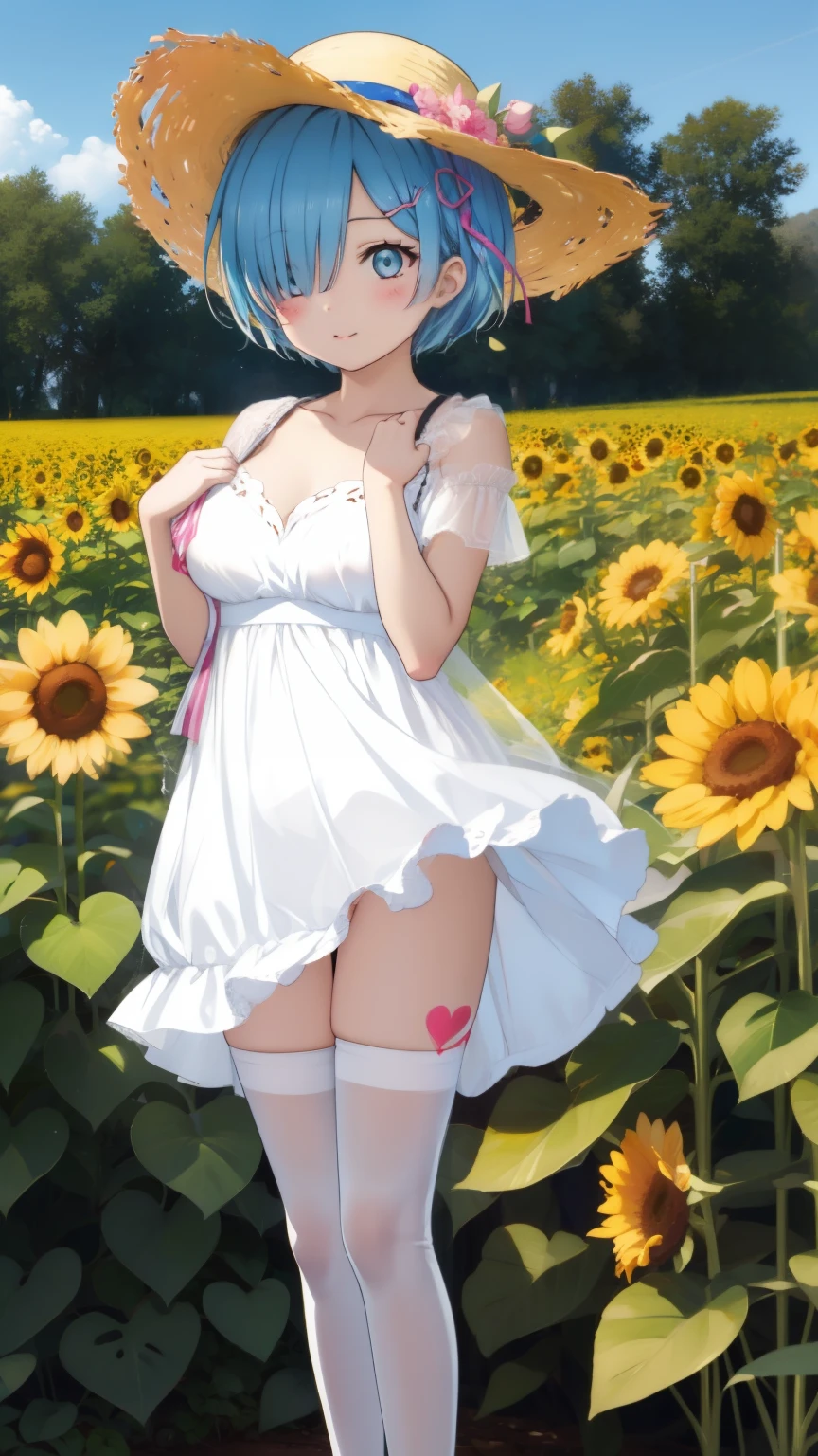 Re:Zero&#39;s Rem、light blue hair、short hair、table top、High resolution、many girls multiple girls、large crowd、lots of cute girls、big and full breasts、naughty body、See-through、throw、、whole body、Are standing、Look up at me、confused face、blush、embarrassing、I&#39;m panicking、The shape of a woman&#39;s private parts is clearly visible、I can see your nipples、white skirt、micro mini skirt、very short skirt、Many people々々々々々、in the crowd、bare chest、show your chest、Upper 、A lot of milk comes out from the nipples、Breast milk gushes from the nipple、very big breasts、show your chest、bare chest、straw hat、white dress、sunflower field、bangs that cover one eye、pink hairpin、white sandaly crotch is wet