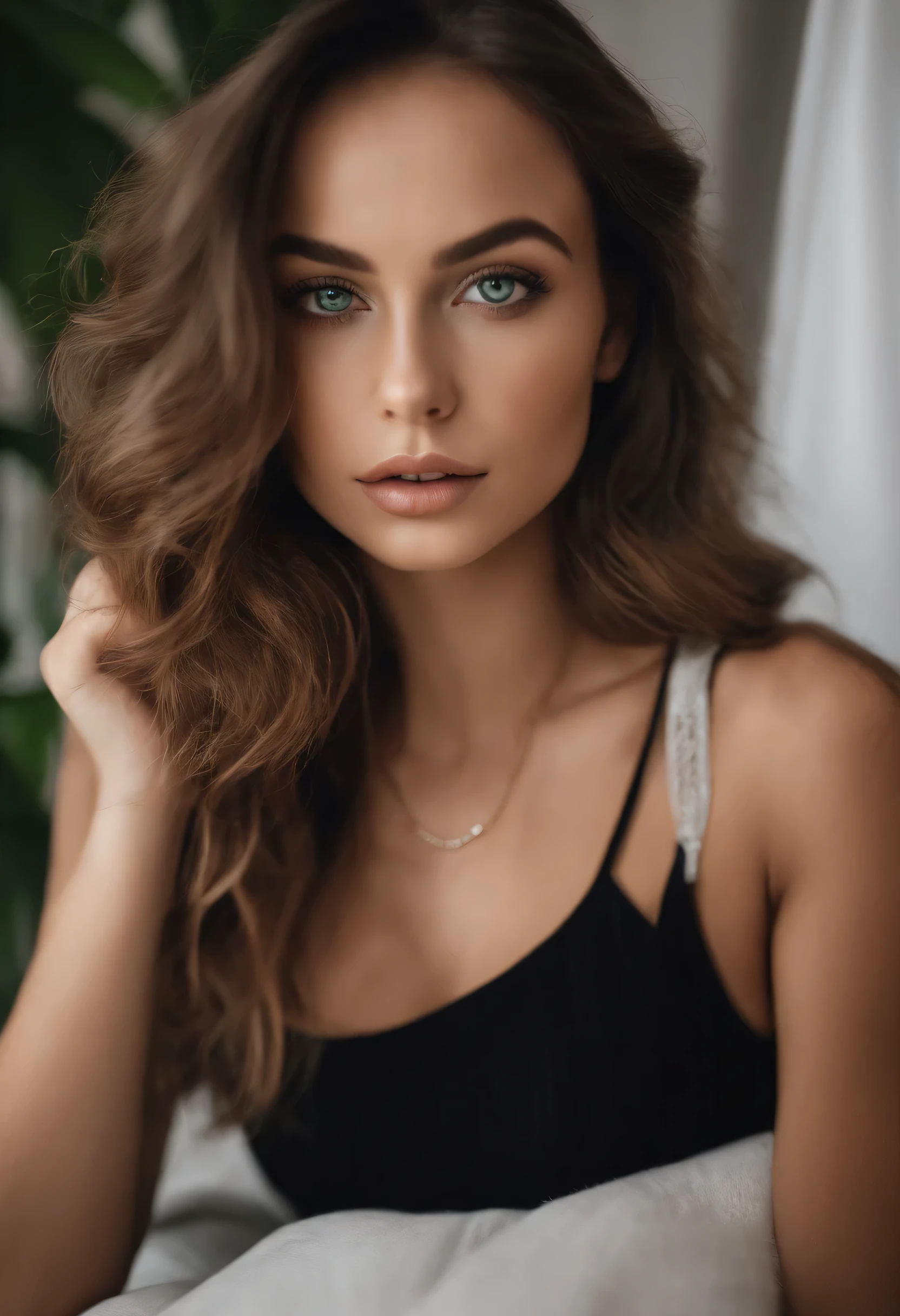 Arafed woman wearing white tank top and necklace, sexy girl with green eyes, Portrait of Sophie Mudd, brown hair and big eyes, Selfie einer jungen Frau, Schlafzimmer Augen, Violet Myers, ohne Makeup, Natural makeup, Blick direkt in die Kamera, Visage avec Artgram, Maquillage subtil, Superbe photo du corps entier, piercing green eyes