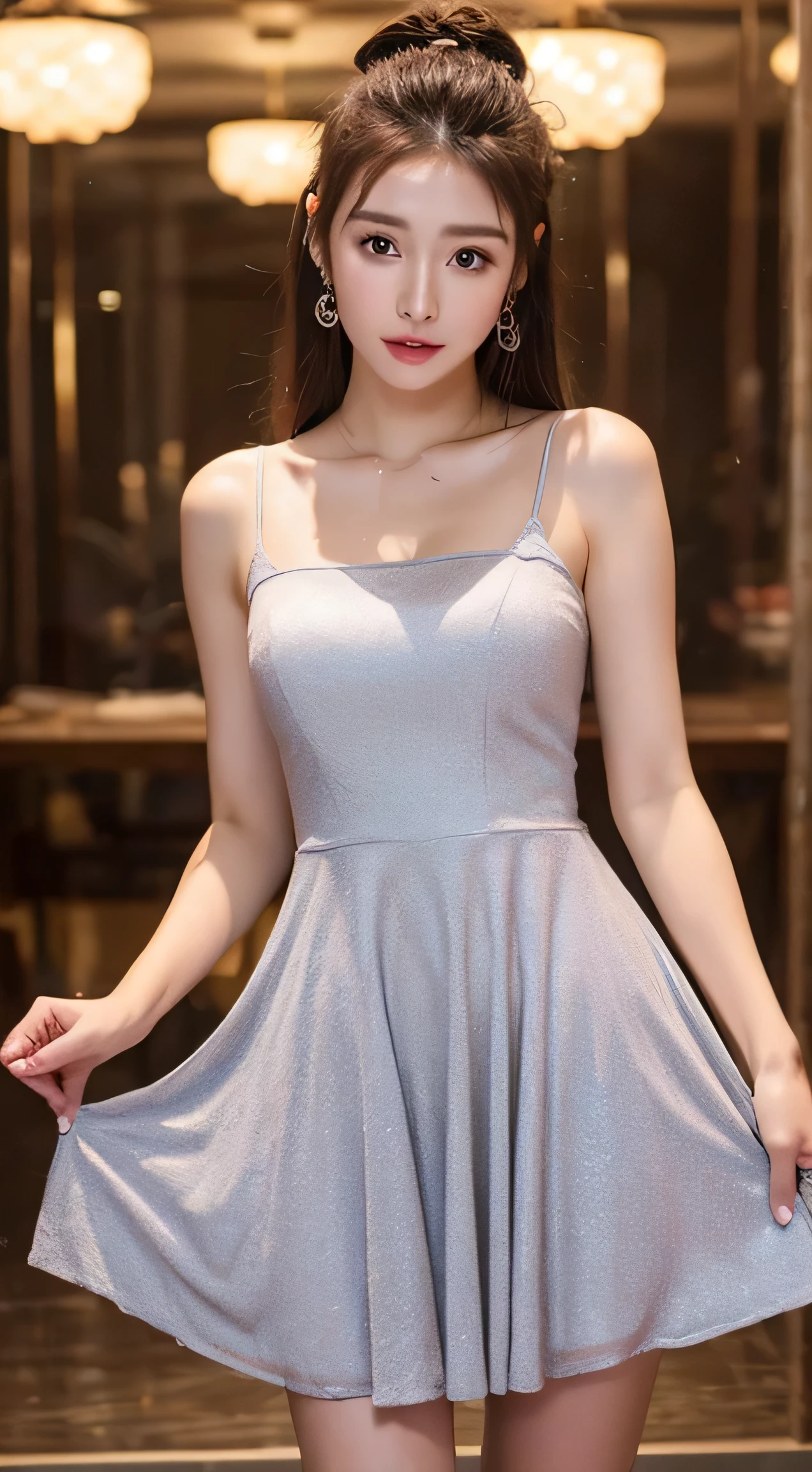 ((high quality:1.2)), (8k), extremely detailed, ((High detail:1.2)), ((best resolution:1.4)), Solo, 24 years old Korean Ulzzang female, ((tight short dress strapless)), BREAK, (((perfect hourglass hot body))), (((square and defined face of an extremely perfect and beautiful model))), 