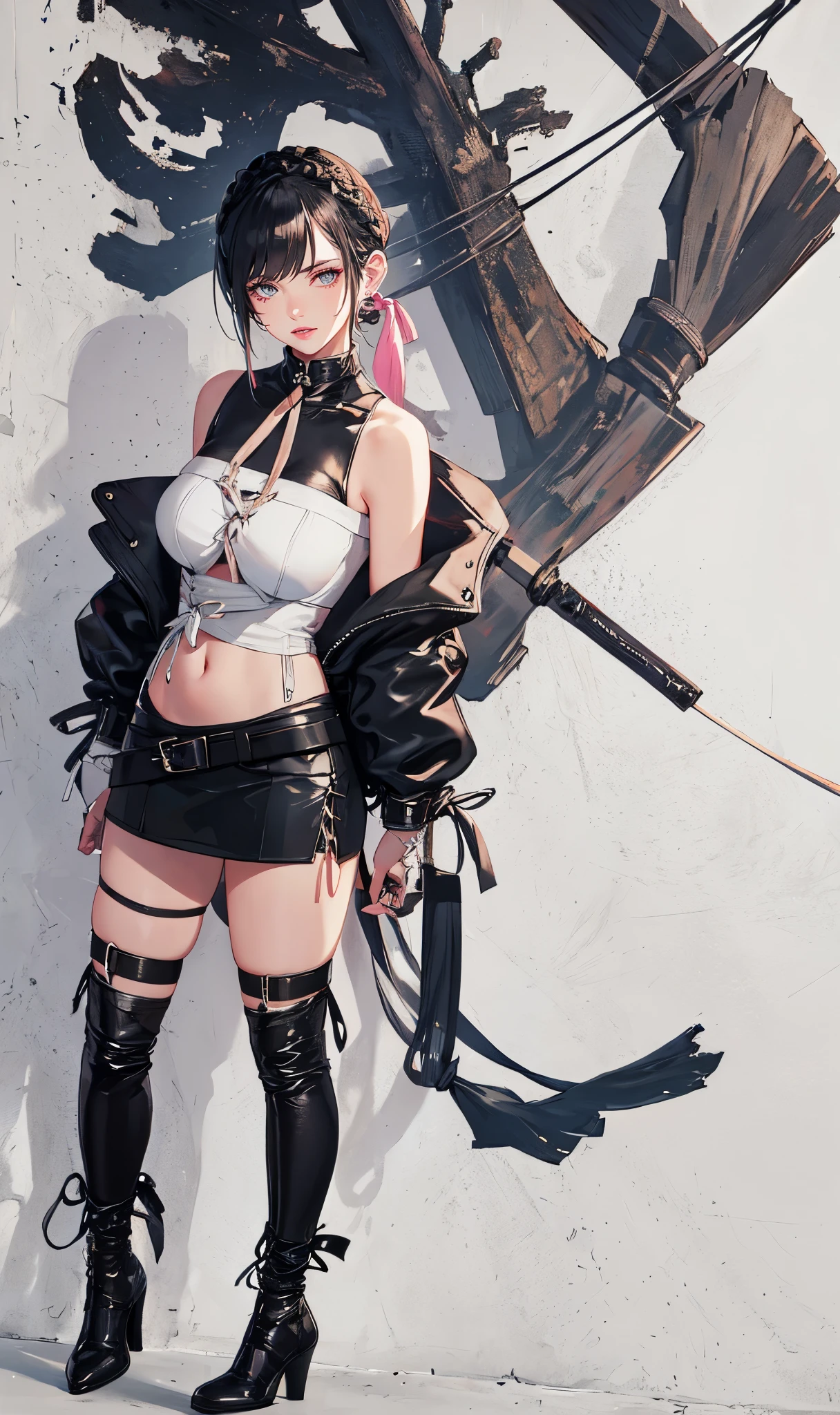 winter industrial town background,(white and black short hair：2.0),(tied up hair:2.0)issue card,Crystal earrings,Full body standing close-up,dream world,There are scars on the face,(Slender blue phoenix eyes,pink lipstick,long eyelashes),Gloves,Short sword,collar,(assassin&#39;tight combat uniform,Damaged midriff-baring combat uniform,Leather miniskirt,leg rings,belt：2.0)),Over the knee extra long high heel boots,lace up high heel boots,There are many straps on the legs,Detailed drawn background