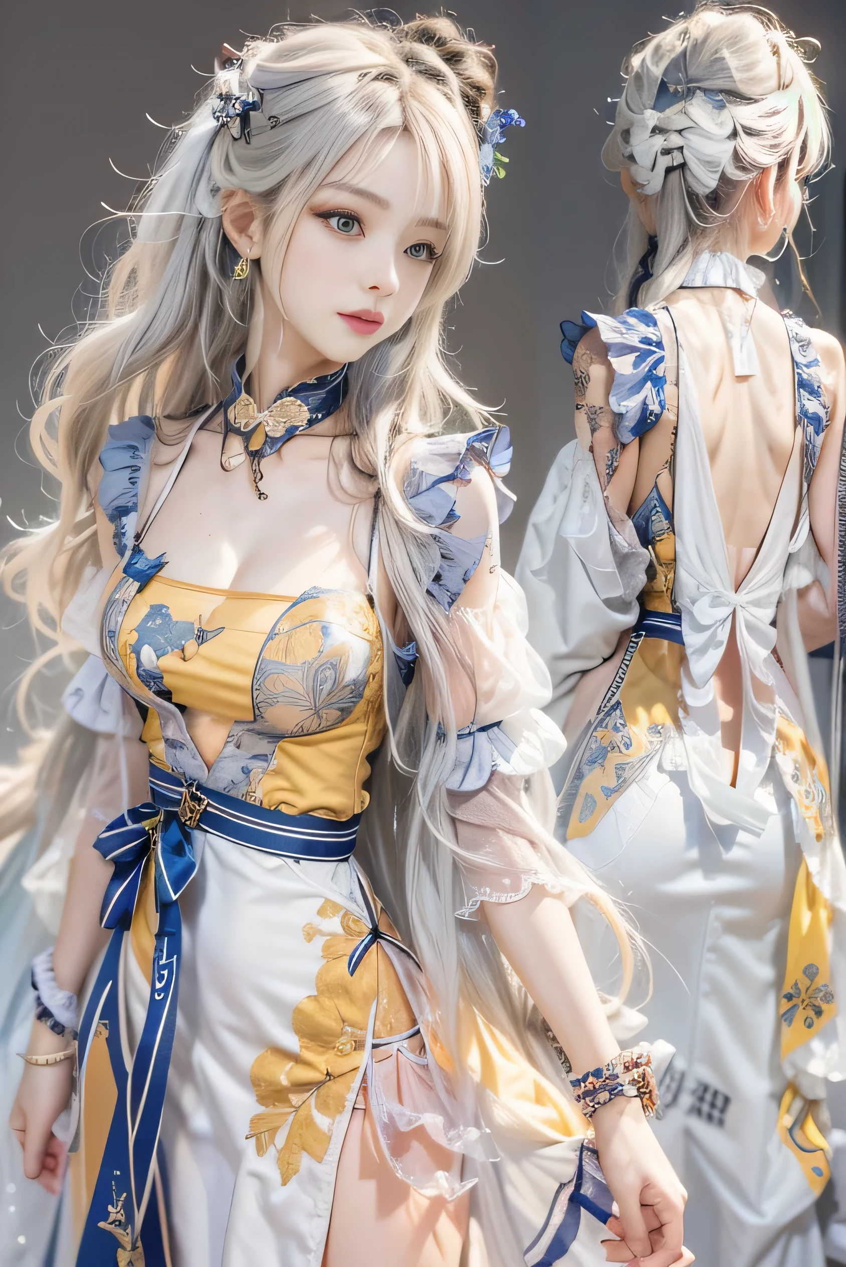 photorealistic、High resolution、soft light、1 female、solo、hip up、view viewer、(detailed face)、blue eyes、white hair、long hair、(Silk ribbon on the front: 1.3)、earrings、filigree、Removable sleeves、Wide sleeves、(revealing clothes)、jewelry、(cleavage、bare shoulders、strapless、simple choker、yellow tube dress、No bra:1.1)、Ningguang Def、yellow cheongsam dress、Rear view