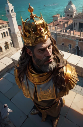 An antique sculpture of the Arath, a man with a long beard and a crown, surrounded by pigeons, a finely detailed portrait of a medieval monarch, a portrait of a medieval king, a medieval king, the Golden Lion Award at the Venice Biennale, a fantasy artwork with 4K resolution and intricate details, depicting the noble attire and majestic presence of an emperor, dressed as a Renaissance emperor, with 4K resolution and exquisite post-processing, showcasing the finest details in 4K resolution, and highlighting the meticulously crafted details in 8K resolution.