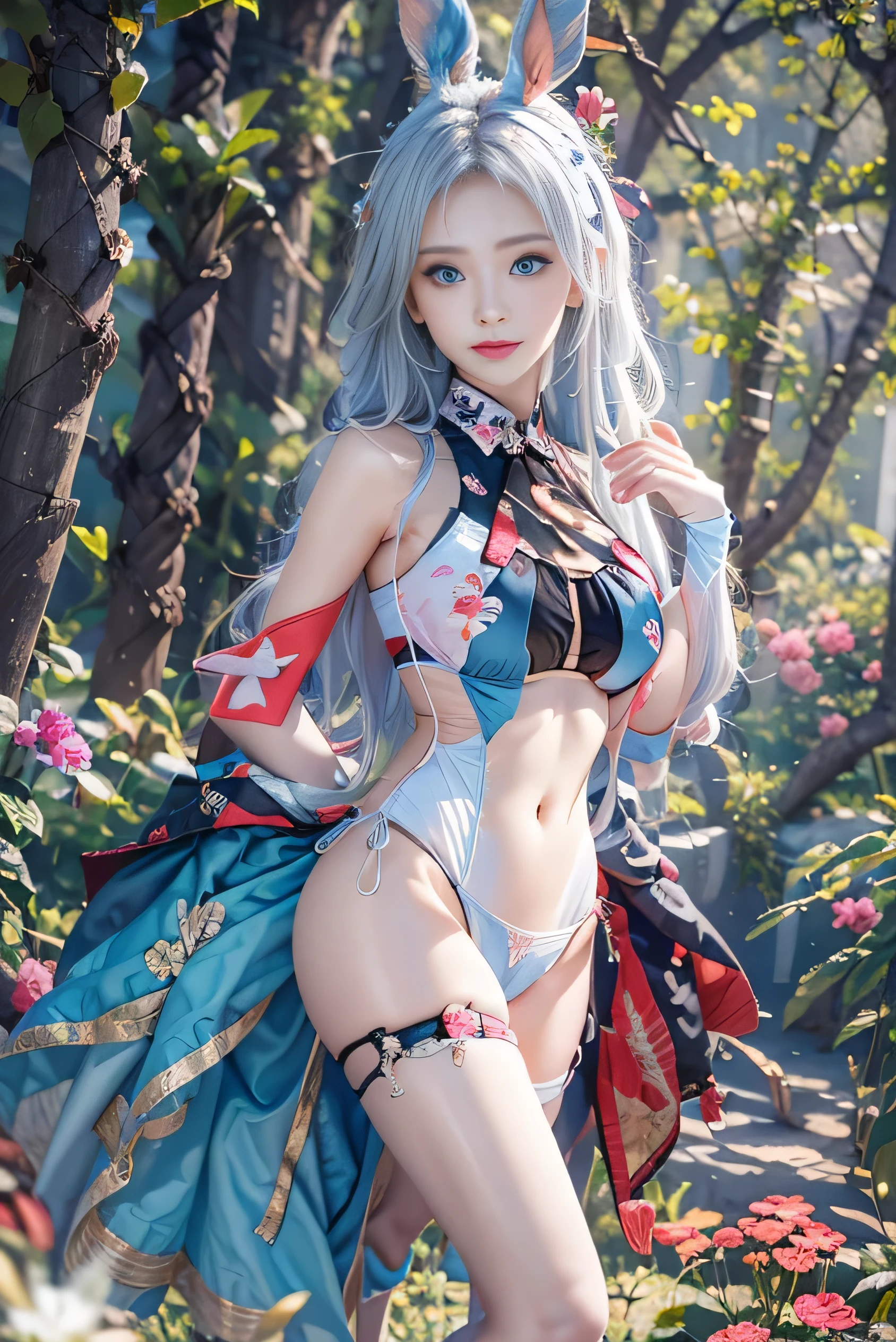 (photorealistic:1.8, highest quality:1.8,8K masterpiece:1.8,High resolution,muste piece:1.8,RAW Photos,cinematic lighting,red and purple dream colors),1 23-year-old woman,(Colorful playboy bunny girl in two colors,high cut leotard,white cuffs,choker,Fishnet stockings,Bunny ears,Cleavage cut,loafer shoes),(beautiful detailed blue eyes:1.7,double eyelid:1.6,beautiful skin:1.8), (looking at the camera:1.2),(Rear view:1.5),( midium Hair:1.2,beautiful shining white hair:1.5), expression(Gentle Smile:1.3,face turns red:1.3),(Moderate chest:1.3), Pause(Seductive pose:1.5), background(A bright forest with blooming flowers),(detailed perfect face),anatomically correct,correct move:1.5,correct foot:1.5,(cameltoe),No split screen