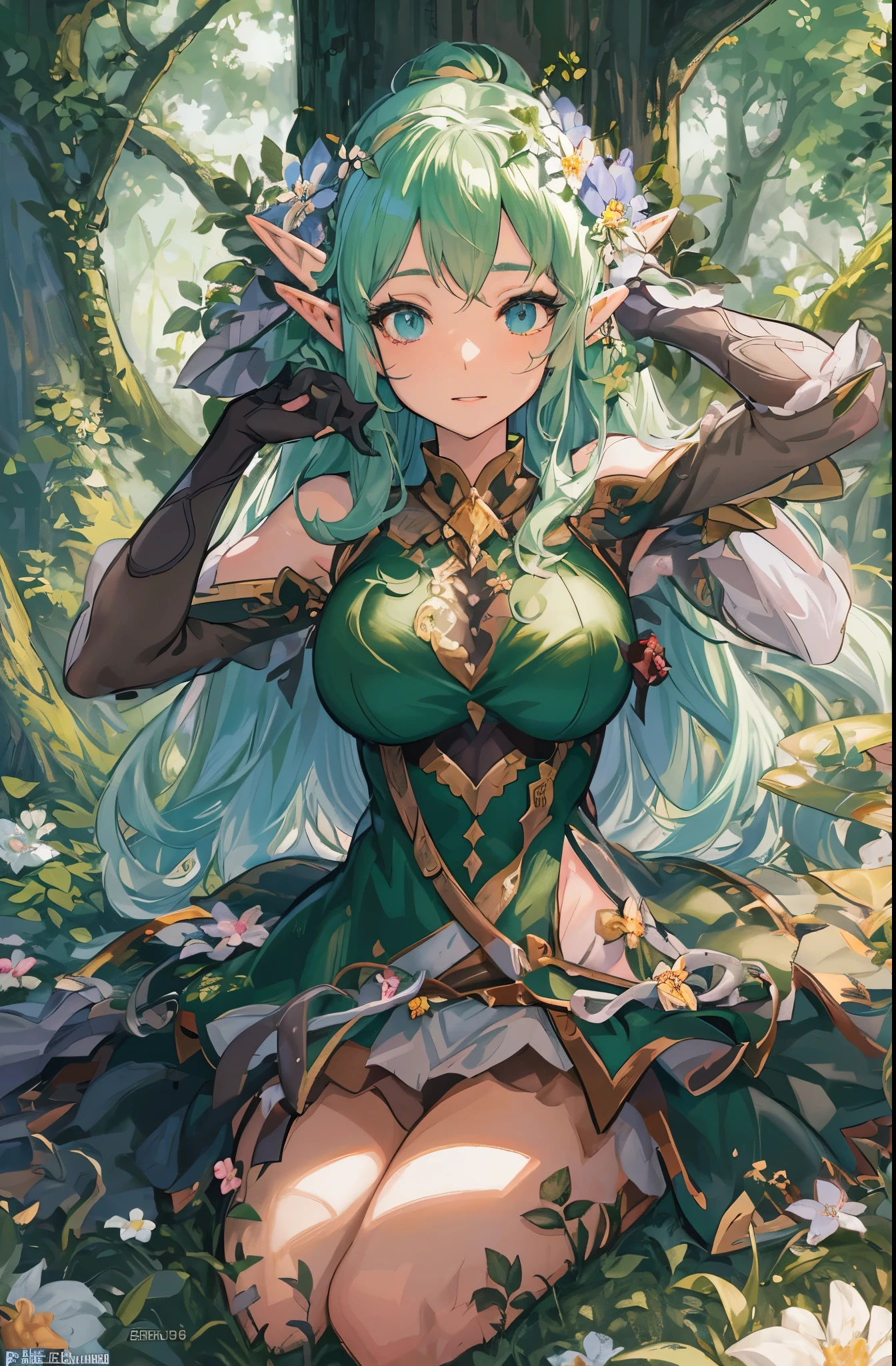 anime girl with green hair and green dress sitting in the woods, elf girl, elf girl wearing an flower suit, elf princess, fey queen of the summer forest, alluring elf princess knight, seductive anime girl, an elf queen, elf queen, detailed digital anime art, 8k high quality detailed art, 2. 5 d cgi anime fantasy artwork