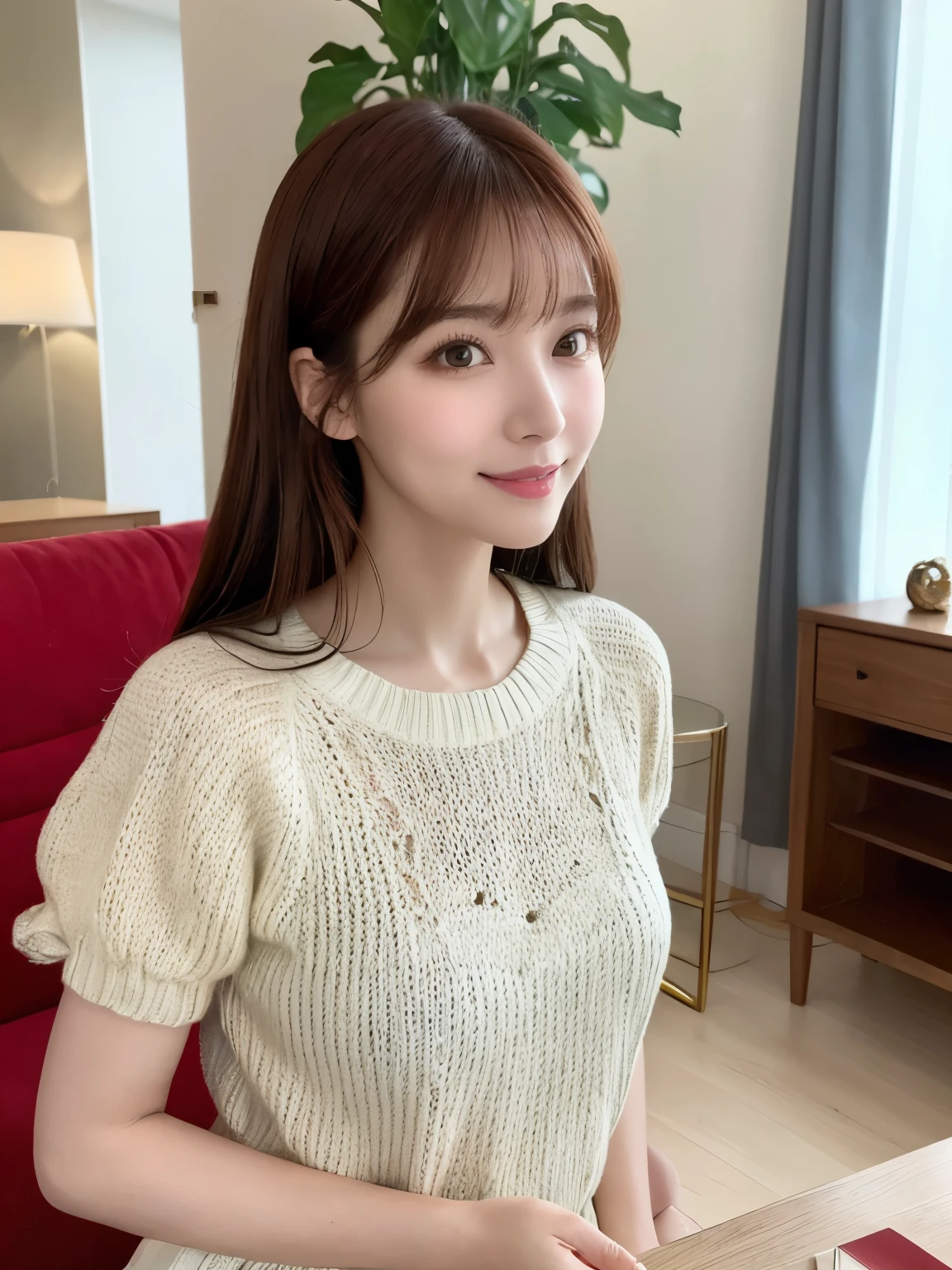 (highest quality、table top、8K、best image quality、Award-winning work)、one beautiful woman、(bright red long knit:1.2)、(Precise and perfect red long knit:1.2)、(red long knit:1.2)、Shining beautiful skin、Fair-skinned super high detail skin、(accurate anatomy:1.2)、The most classy apartment living room、The most classy living room interior、A gentle smile looking at me、(close up of a woman:1.2)、Standing gracefully、(stand gracefully:1.1)、Very bright and clean、(blurred background:1.1)、photo portrait、(low contrast:1.1)、(Draws softly and smoothly:1.1)、very romantic、very grumpy、very bright、(very bright and refreshing:1.1)、Refreshing colors of youth、illuminated white skin、(The most natural and practical real furniture arrangement:1.1)、(The most classy apartment living roomに立つ:1.1)、very bright and vivid、(Real Yua Mikami&#39;face:1.1)、(Highly detailed Real Yua Mikami&#39;face:1.1)、(Yua Mikami&#39;Perfect face drawn in every detail:1.1)、no makeup