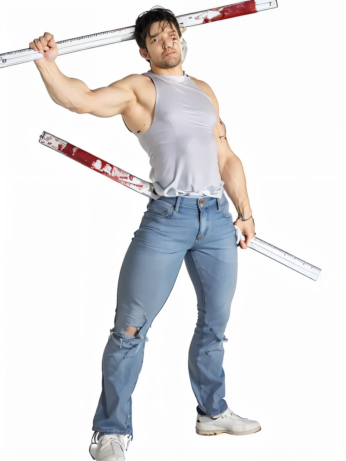 (real:1.3), Meticulously detailed, Quality, Rembrandt Lighting, (Masterpiece:1.2), (photoreal:1.2), (best Quality), (Detailed skin: Man, very realistic photographic, cinematic, 37 year old man, medium muscles, black hair, somewhat fat, tight white sleeveless shirt, attached jeans, white leather shoes, holding a large 1 meter transparent ruler with blood on it,