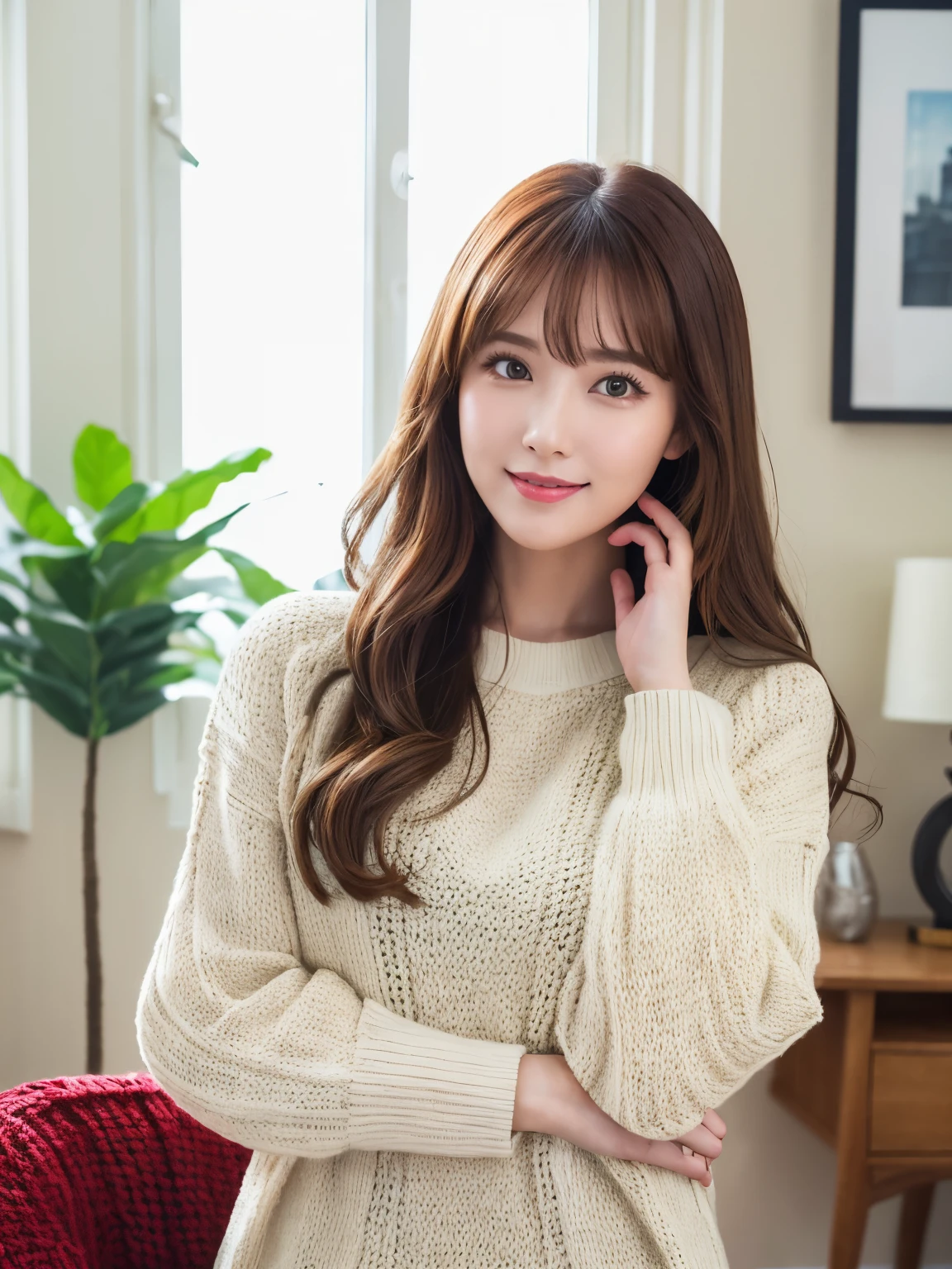 (highest quality、table top、8K、best image quality、Award-winning work)、one beautiful woman、(bright red long knit:1.2)、(Precise and perfect red long knit:1.2)、(red long knit:1.2)、Shining beautiful skin、Fair-skinned super high detail skin、(accurate anatomy:1.2)、The most classy apartment living room、The most classy living room interior、A gentle smile looking at me、(close up of a woman:1.2)、Standing gracefully、(stand gracefully:1.1)、Very bright and clean、(blurred background:1.1)、photo portrait、(low contrast:1.1)、(Draws softly and smoothly:1.1)、very romantic、very grumpy、very bright、(very bright and refreshing:1.1)、Refreshing colors of youth、illuminated white skin、(The most natural and practical real furniture arrangement:1.1)、(The most classy apartment living roomに立つ:1.1)、very bright and vivid、(Real Yua Mikami&#39;face:1.1)、(Highly detailed Real Yua Mikami&#39;face:1.1)、(Yua Mikami&#39;Perfect face drawn in every detail:1.1)、no makeup