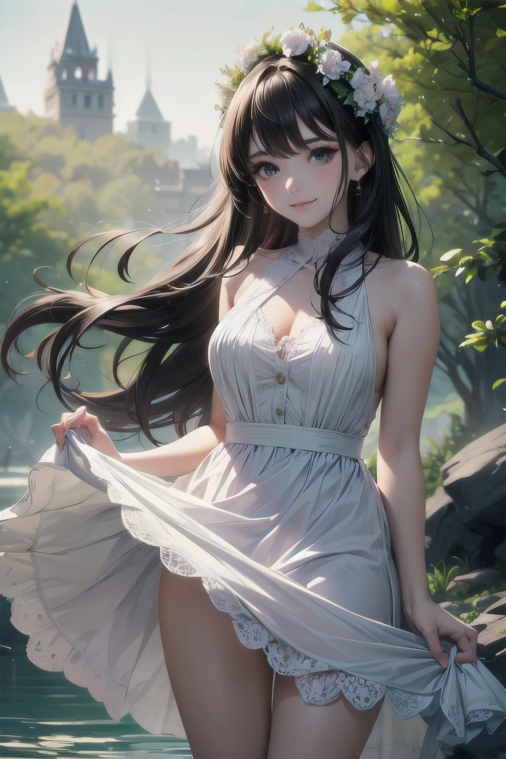 very cute and beautiful girl,frilled white summer dress with detailed lace,(skirt lift,white panties),
(highly detailed beautiful face),cowboy shot,(smile),black hair,flower crown,
(standing near water spring in forest),fog,fantastic stone monument,detailed landscape,
(best quality,masterpiece:1.2),absurdres,highres,ultra-detailed,extremely detailed,32k,8k resolution,
intricate details,cinematic scene,detailed background,solo,dynamic angle,
cinematic lighting,dim light,hair fluttering in the wind,