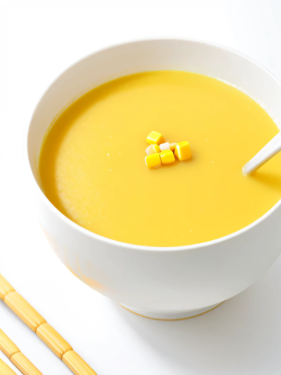 Pumpkin Corn Juice，Product Image，White background，Hong Kong style sugar water，White porcelain bowl，Flow from spoon to bowl，Rich in taste，fresh ingredients，Delicious and tempting，steaming hot，Warm，Very delicious，4k，overhead shot，Bright light，Product photography，Commercial Photography