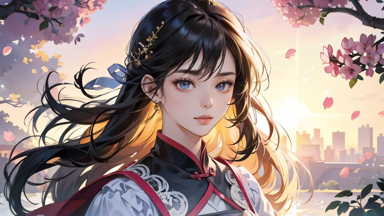 (masterpiece,high resolution,Super detailed:1.0),1 chinese girl,(adult women), eyes looking at camera,perfect female figure,black hair,The wind blows in the hair。Smile, Exquisite eyes and exquisite face,Extremely detailed CG,unified 8k wallpaper,intricate details, the only person, 詳細的臉University大楼,outdoor,Flowers and trees,University,Color difference, depth of field,dramatic shadow, Ray tracing, best quality, light, official art,top quality、女University生1名、University校园,roses,Upper body,Reality,close up,shining eyes,wind blowing hair,Romantic,Beautiful HD。Wearing a lilac dress,Petals fall,
