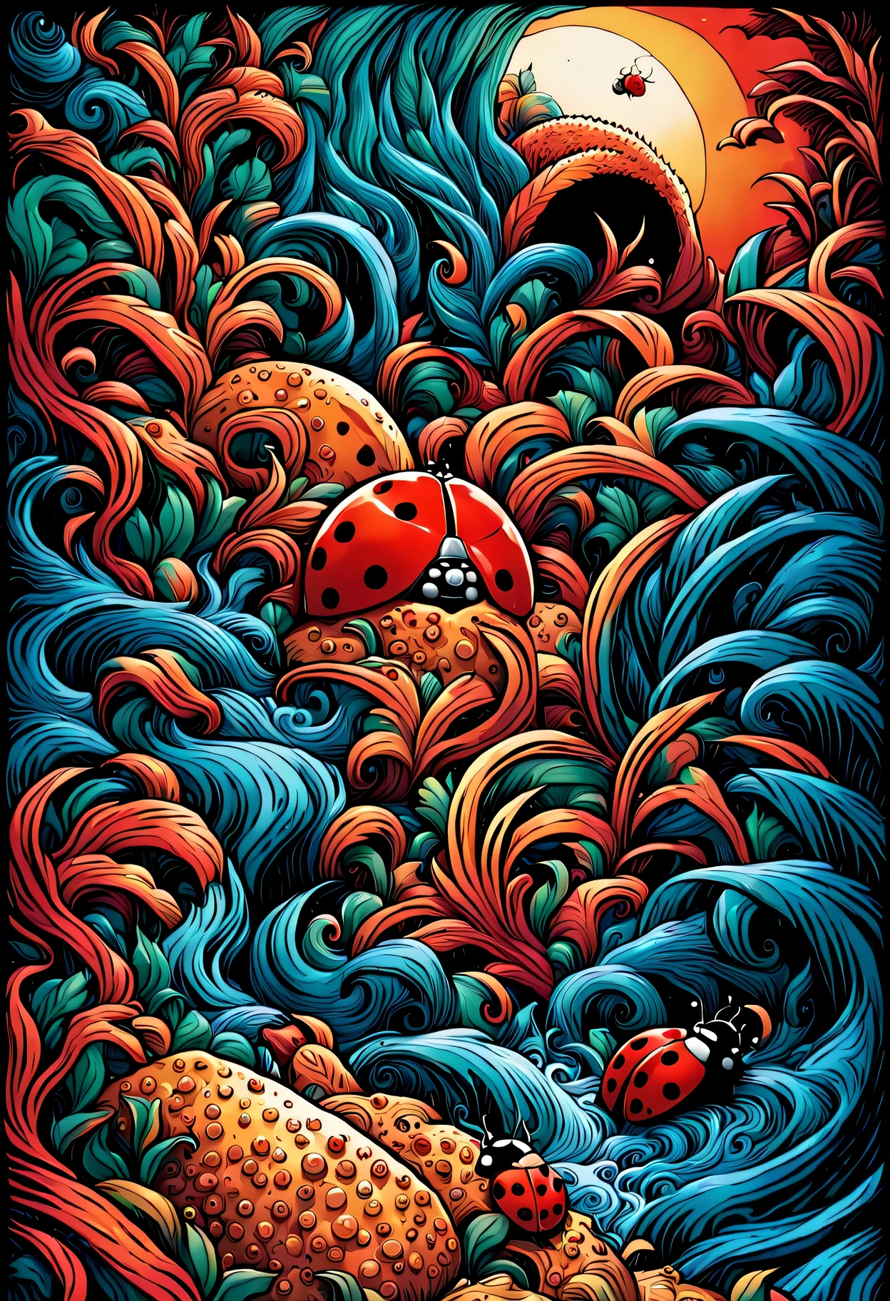 colorful jungle landscape、Colorful plants、Jukai Angel T、diego gisbert lawrence、Josan Gonzalli Dan Mumford、fairy tale illustration、psychedelic art、(((Ladybug)))、vine、water vapor、vague、ultra wide angle shooting,table top、highest quality、Super detailed、Dense、composition of golden ratio、