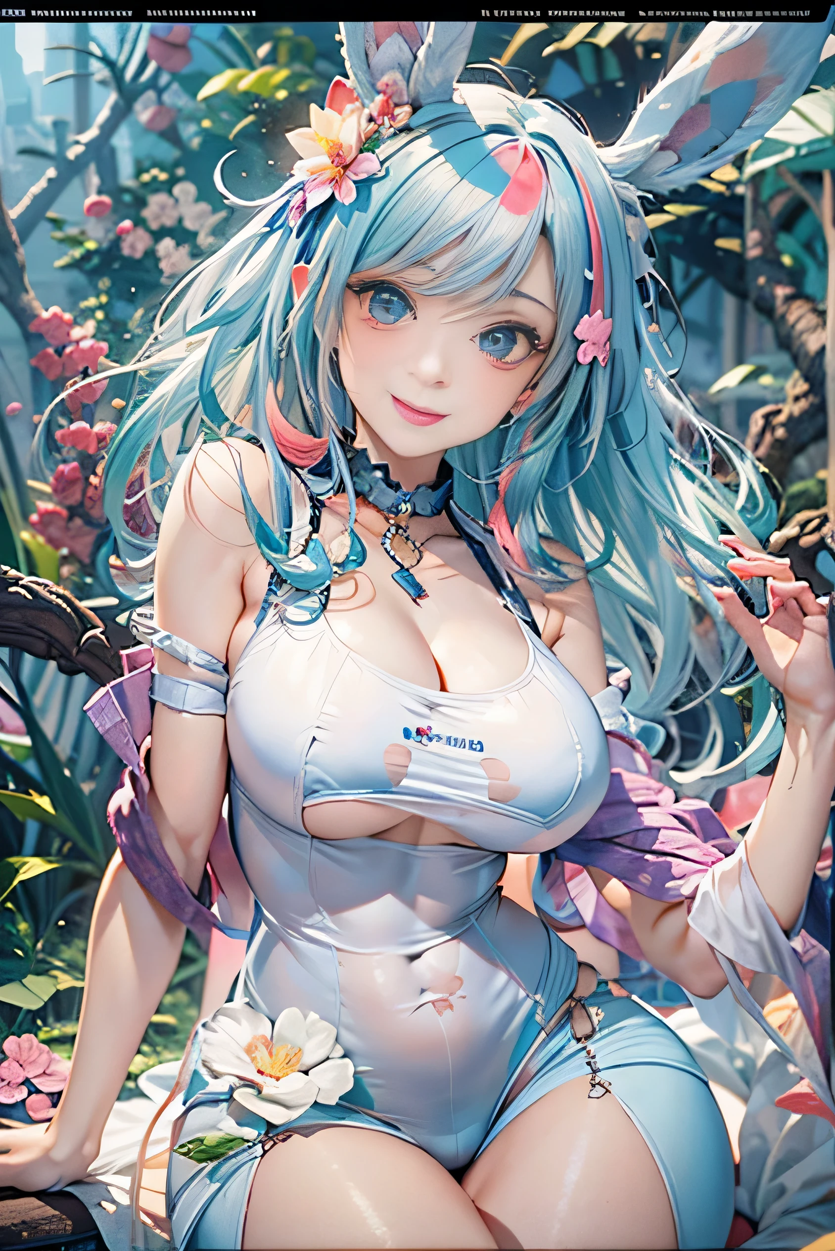 (photorealistic:1.8, highest quality:1.8,8K masterpiece:1.8,High resolution,muste piece:1.8,RAW Photos,cinematic lighting,red and purple dream colors),A 23-year-old woman in a bright forest with blooming flowers,(Colorful playboy bunny girl in two colors,high cut leotard,white cuffs,choker,Fishnet stockings,Bunny ears,Cleavage cut,loafer shoes),beautiful detailed blue eyes:1.7,double eyelid:1.6,beautiful skin:1.8, (looking at the camera:1.5),(photo seen from behind:1.4),( midium Hair:1.2,Beautiful shining blue lime hair:1.5), expression(Gentle Smile:1.3,face turns red:1.3),(Moderate chest:1.3), Pause(Seductive pose:1.5), background(A bright forest with blooming flowers),(detailed perfect face),anatomically correct,correct move:1.5,correct foot:1.5,(cameltoe),No split screen